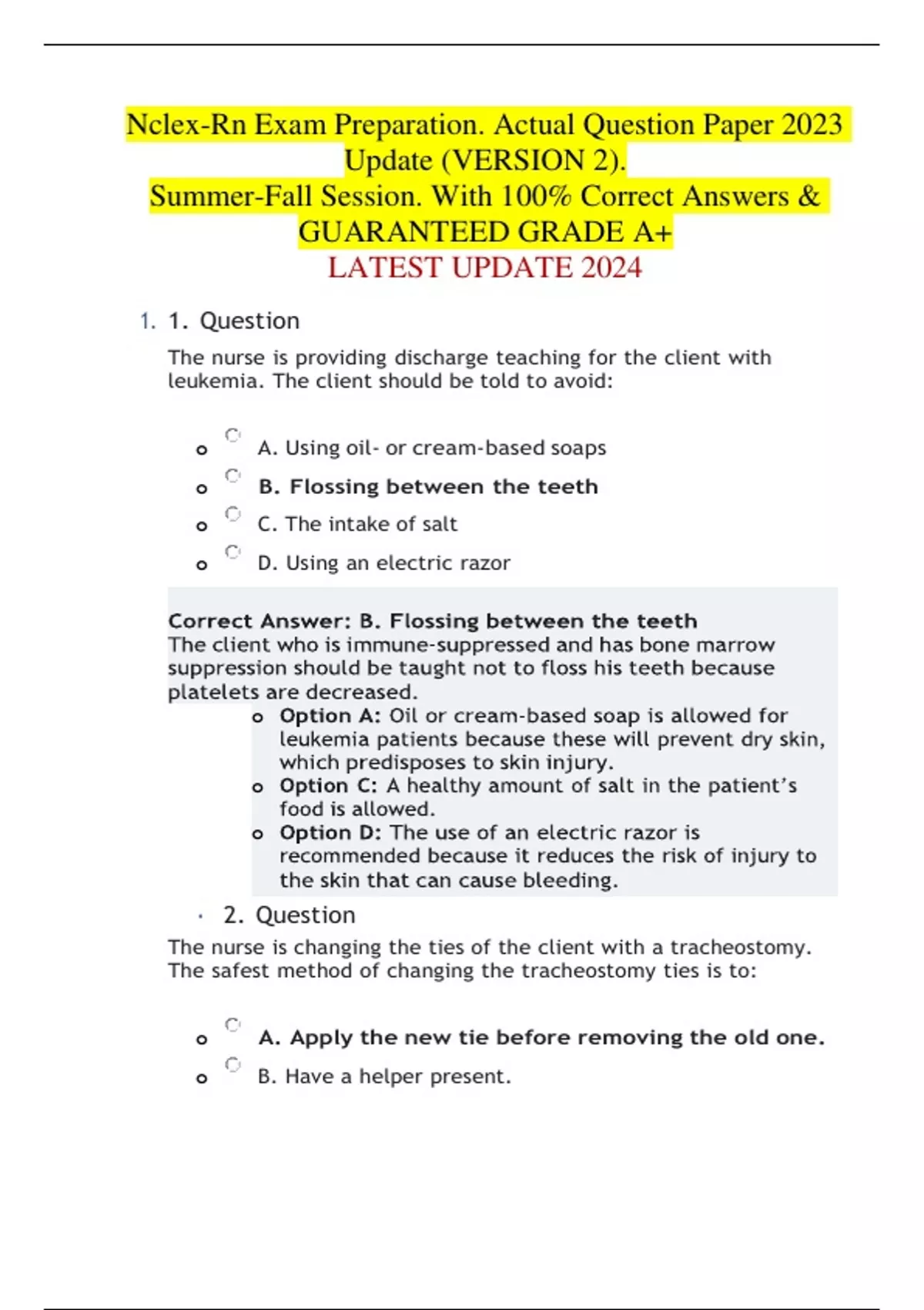 NclexRn Exam Preparation. Actual Question Paper 2023 Update (VERSION 2