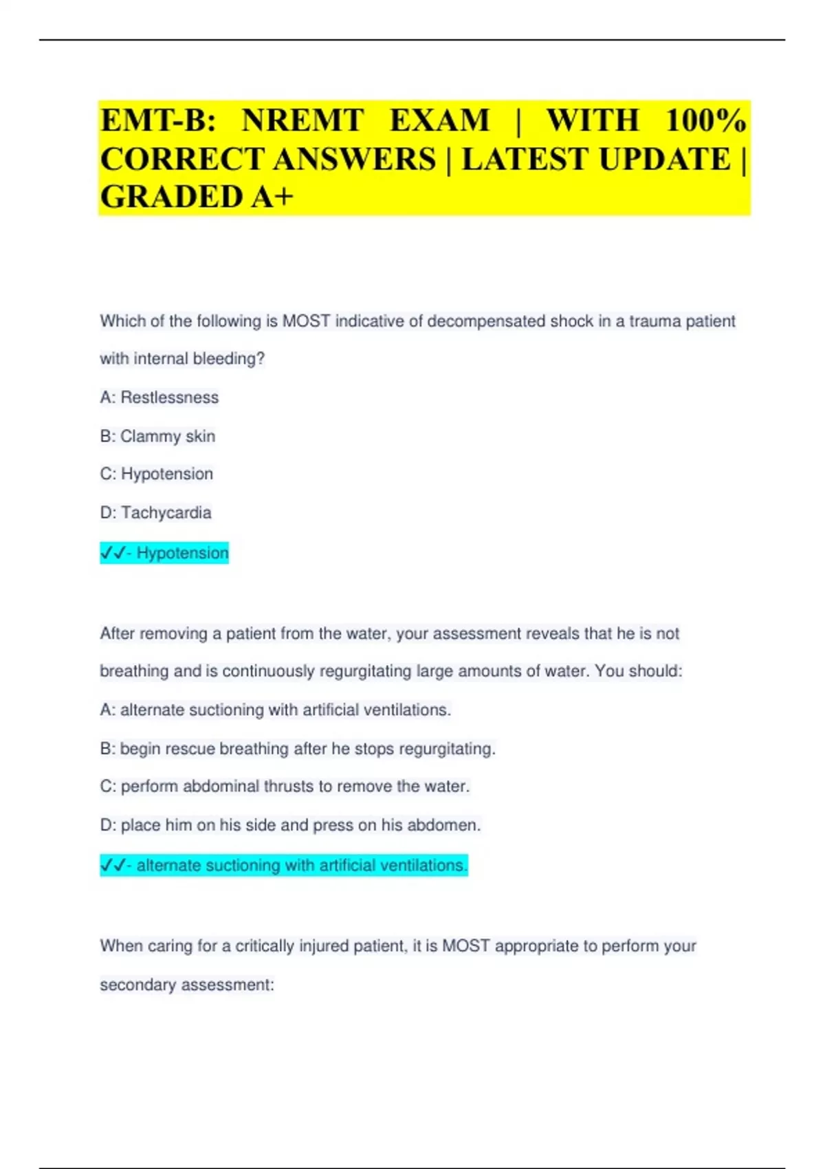 EMT-B: NREMT EXAM | WITH 100% CORRECT ANSWERS | LATEST UPDATE | GRADED ...