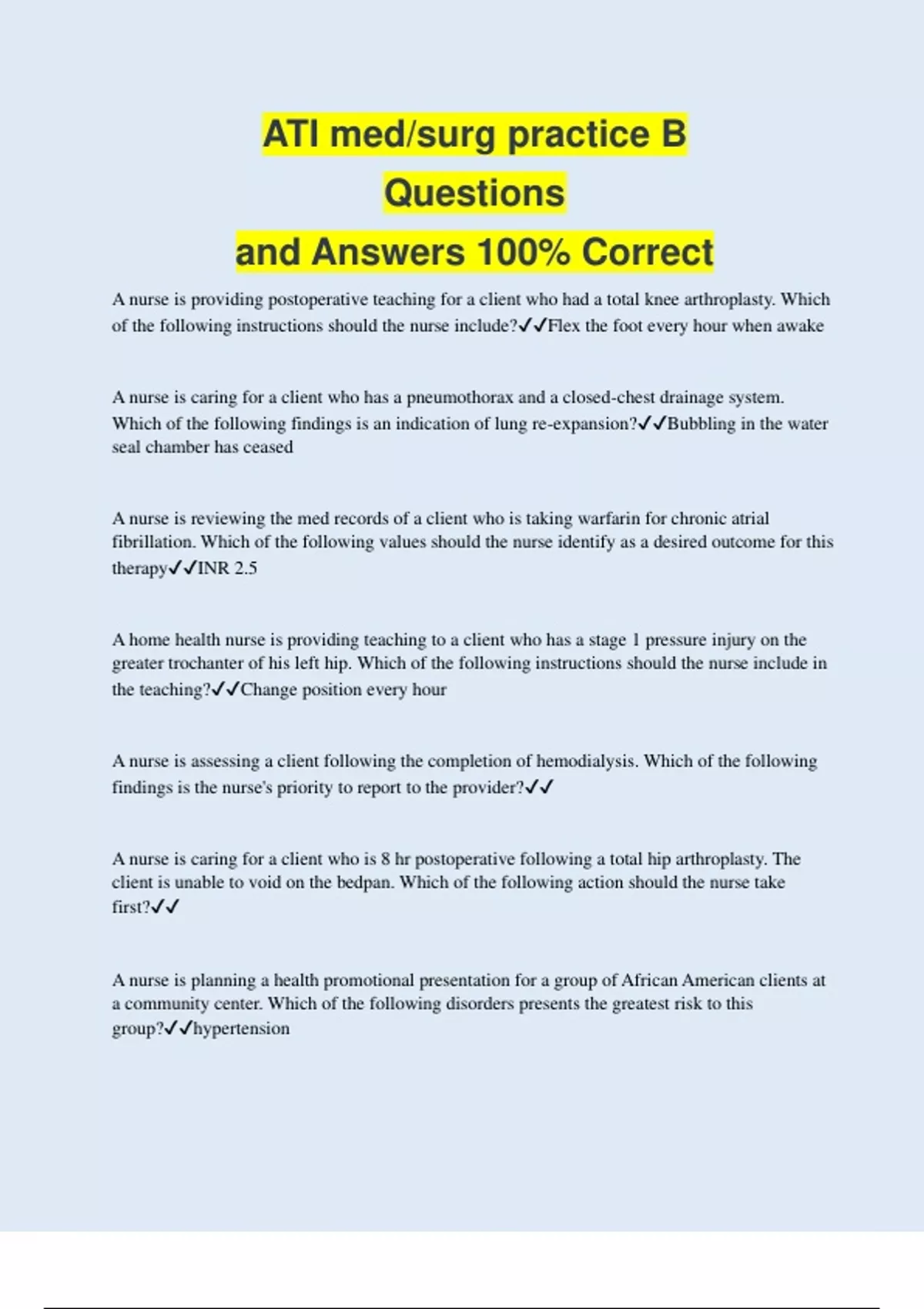 ATI med/surg practice B Questions and Answers 100 Correct ATI Course