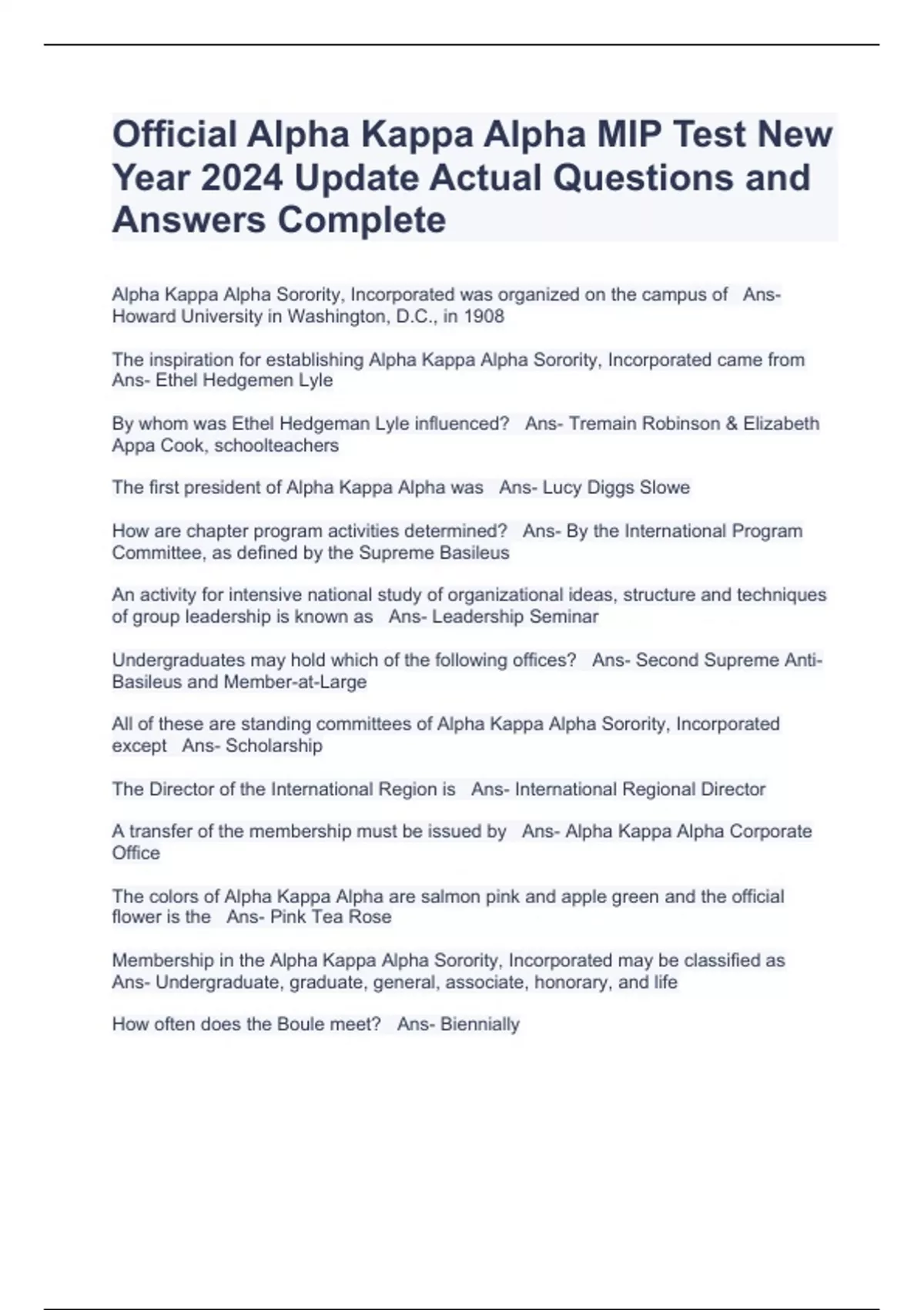Official Alpha Kappa Alpha MIP Test New Year 2024 Update Actual