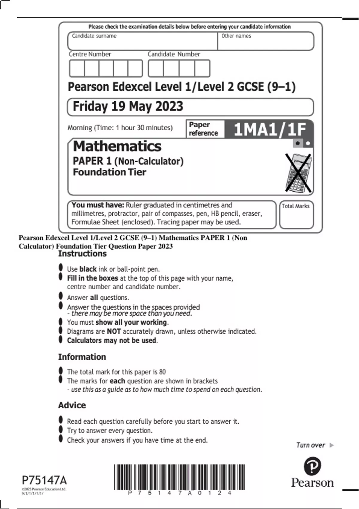 Pearson Edexcel Level 1/Level 2 GCSE (9–1) Mathematics PAPER 1 (Non ...