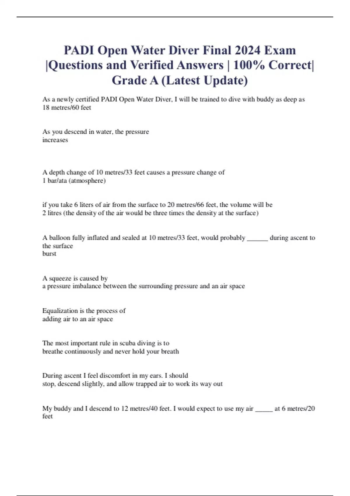 PADI Open Water Diver Final 2024 Exam Questions And Verified Answers ...