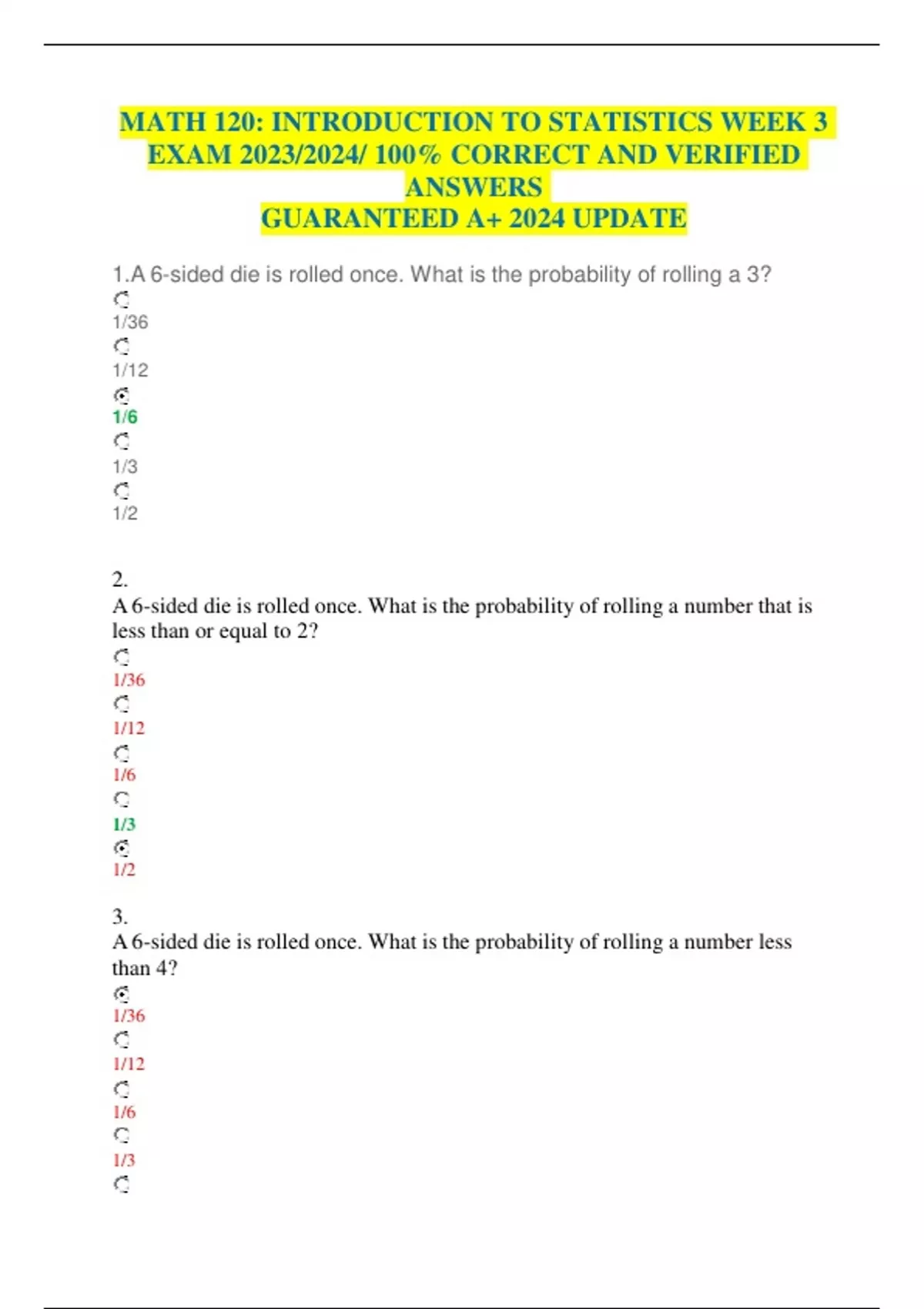 MATH 120: INTRODUCTION TO STATISTICS WEEK 3 EXAM 2023/2024/ 100 ...