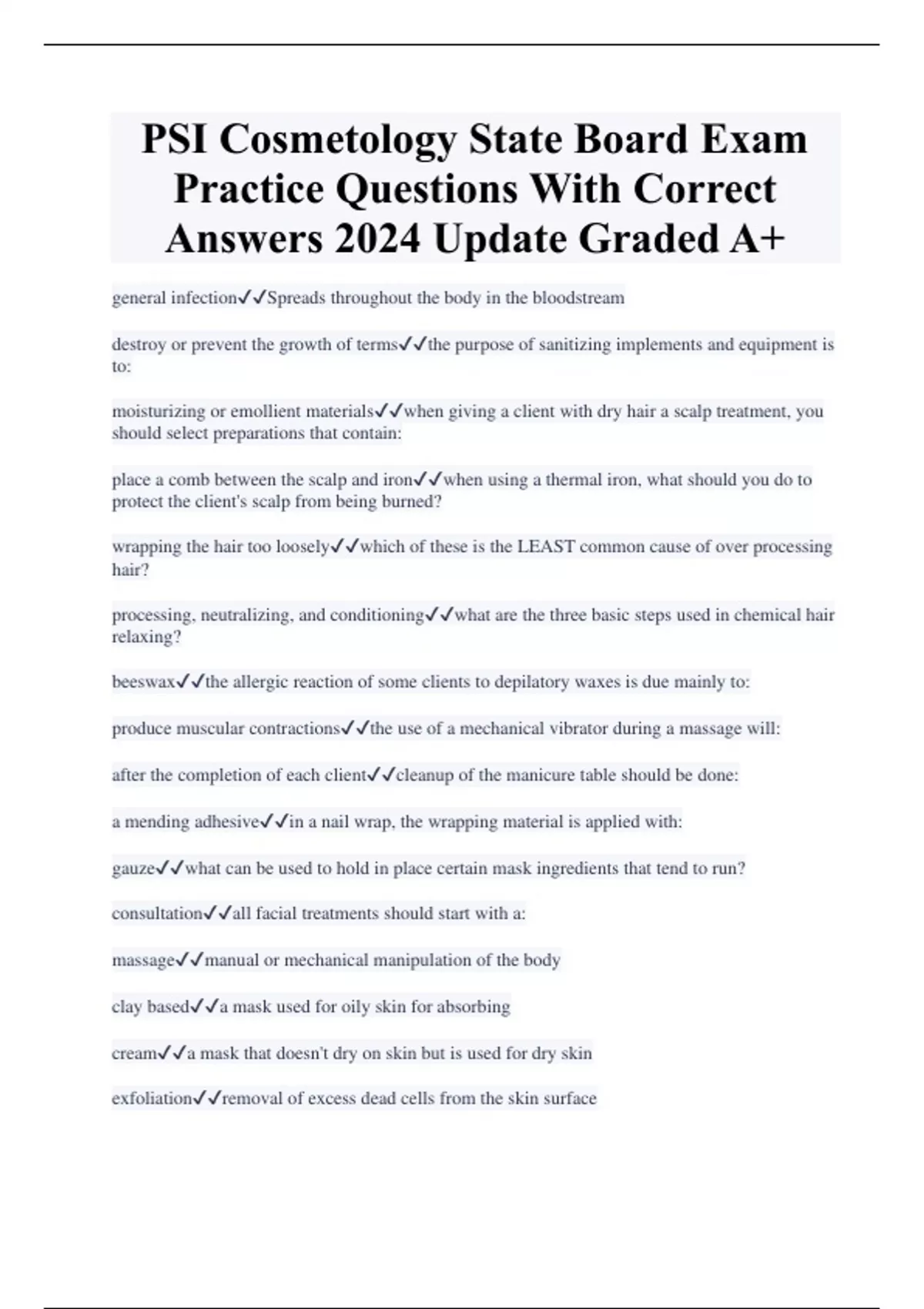 Psi Cosmetology State Board Exam Practice Questions With Correct