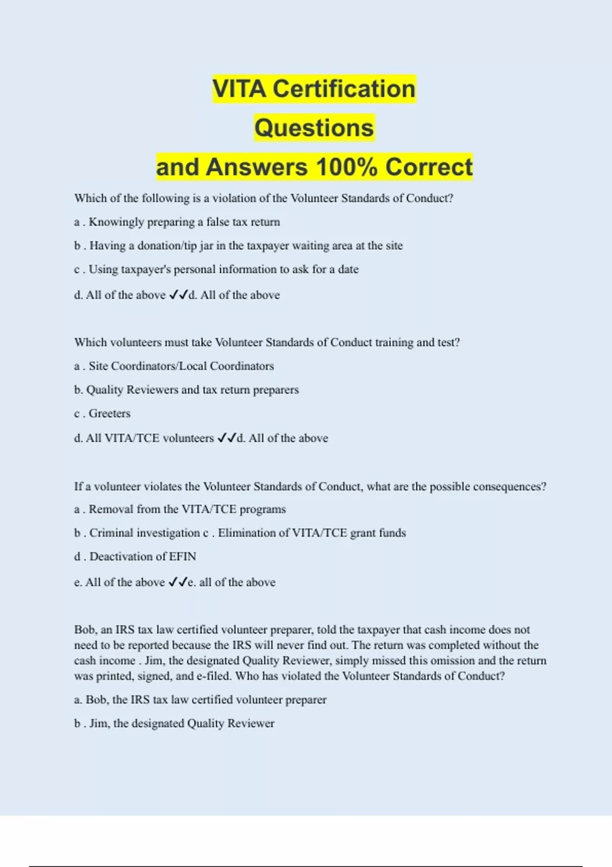 VITA Certification Questions and Answers 100 Correct Vita Stuvia US