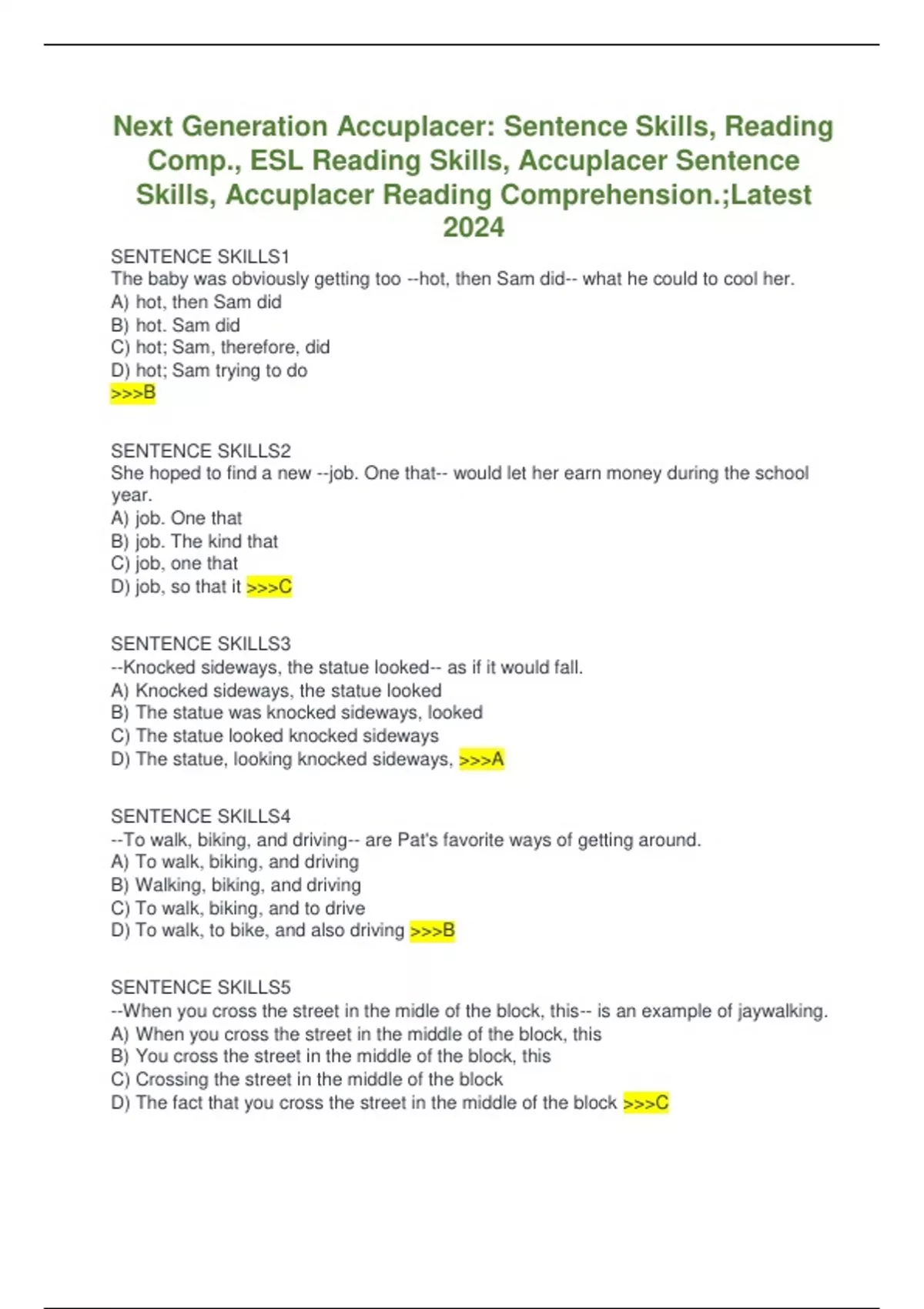 Next Generation Accuplacer: Sentence Skills, Reading Comp., ESL Reading ...