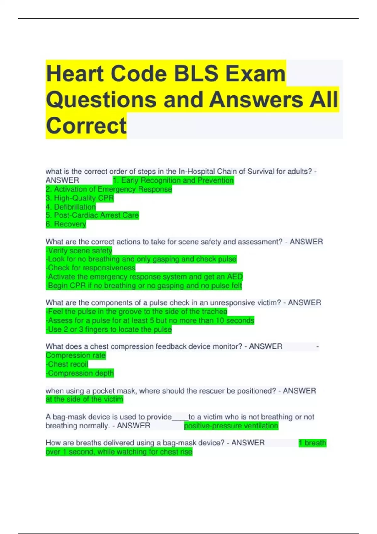 Heart Code BLS Exam Questions and Answers All Correct Heart Code BLS