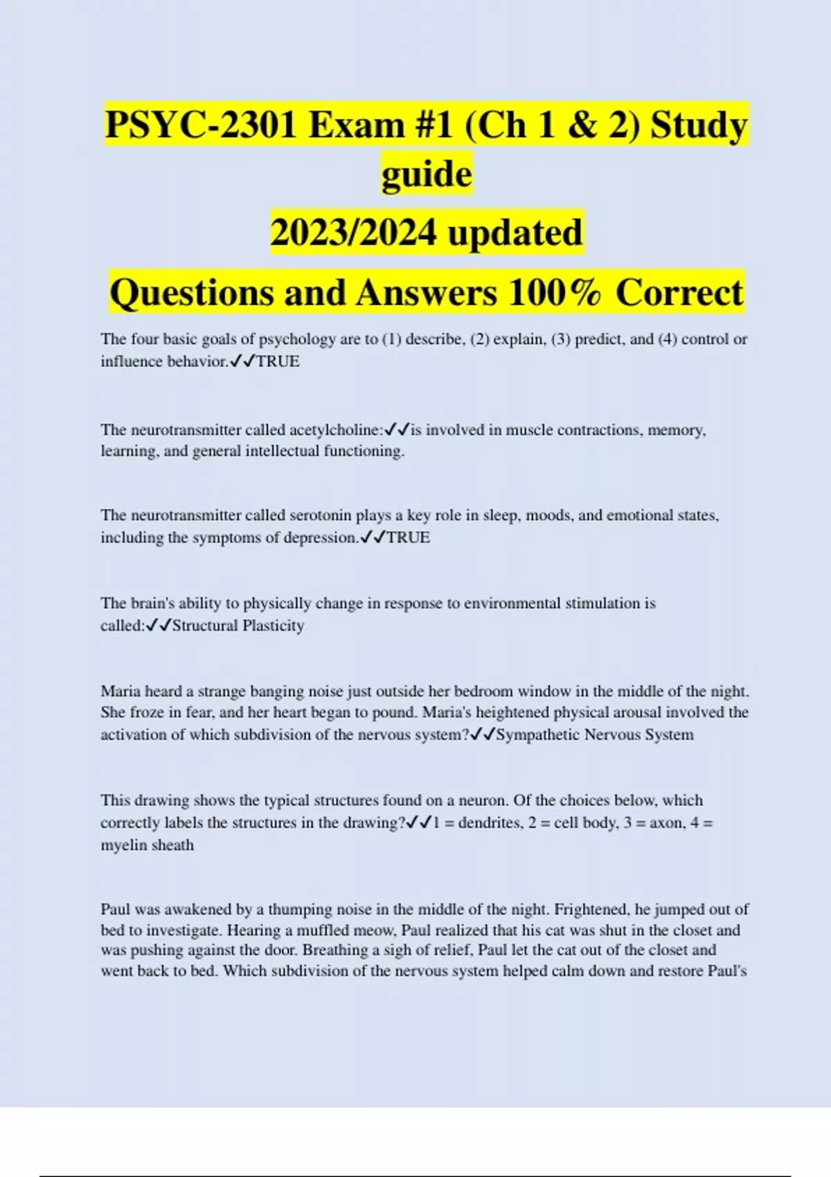 PSYC-2301 Exam #1 (Ch 1 & 2) Study Guide 2023/2024 Updated Questions ...