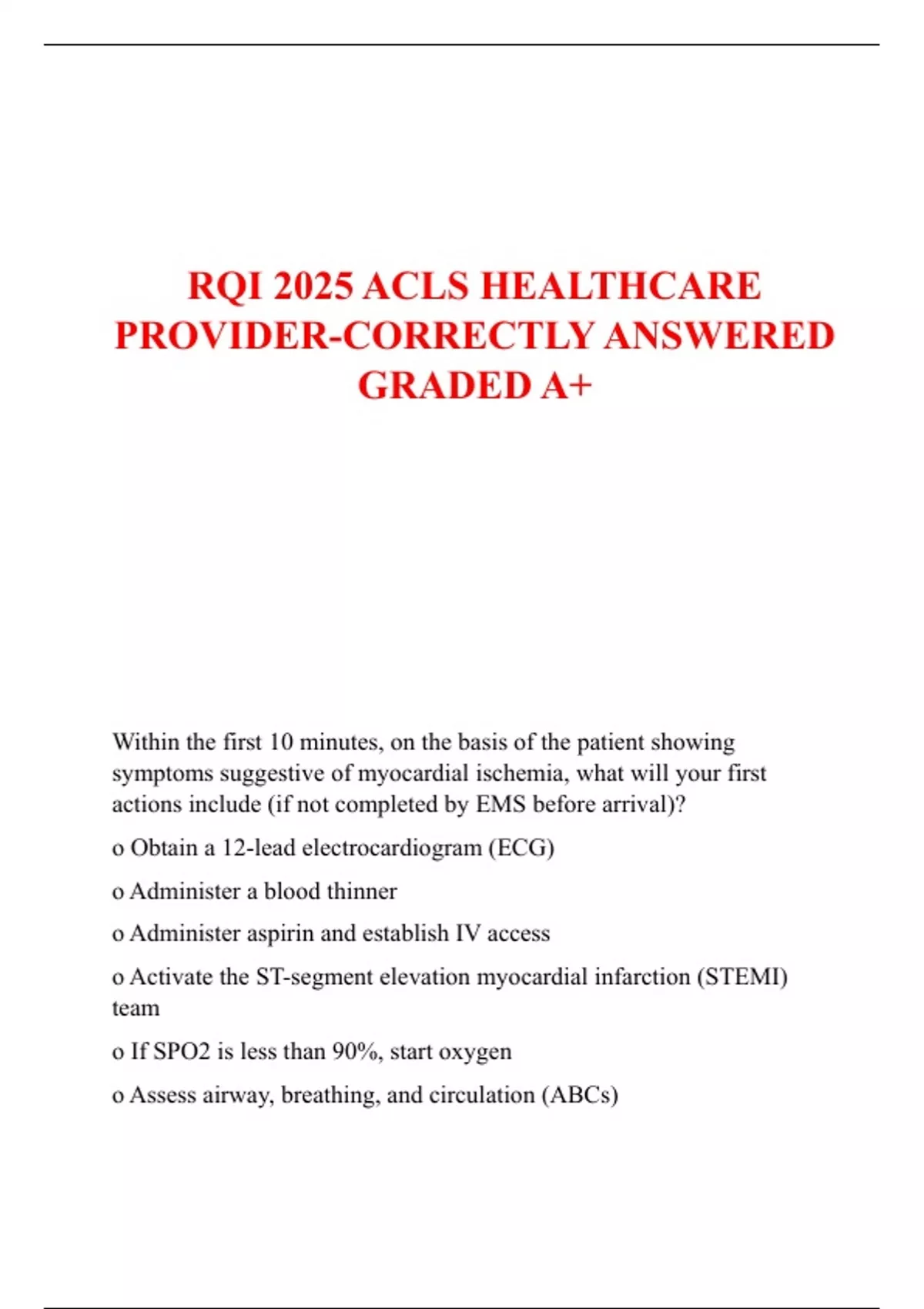 RQI 2025 ACLS HEALTHCARE PROVIDER-CORRECTLY ANSWERED GRADED A+ - RQI