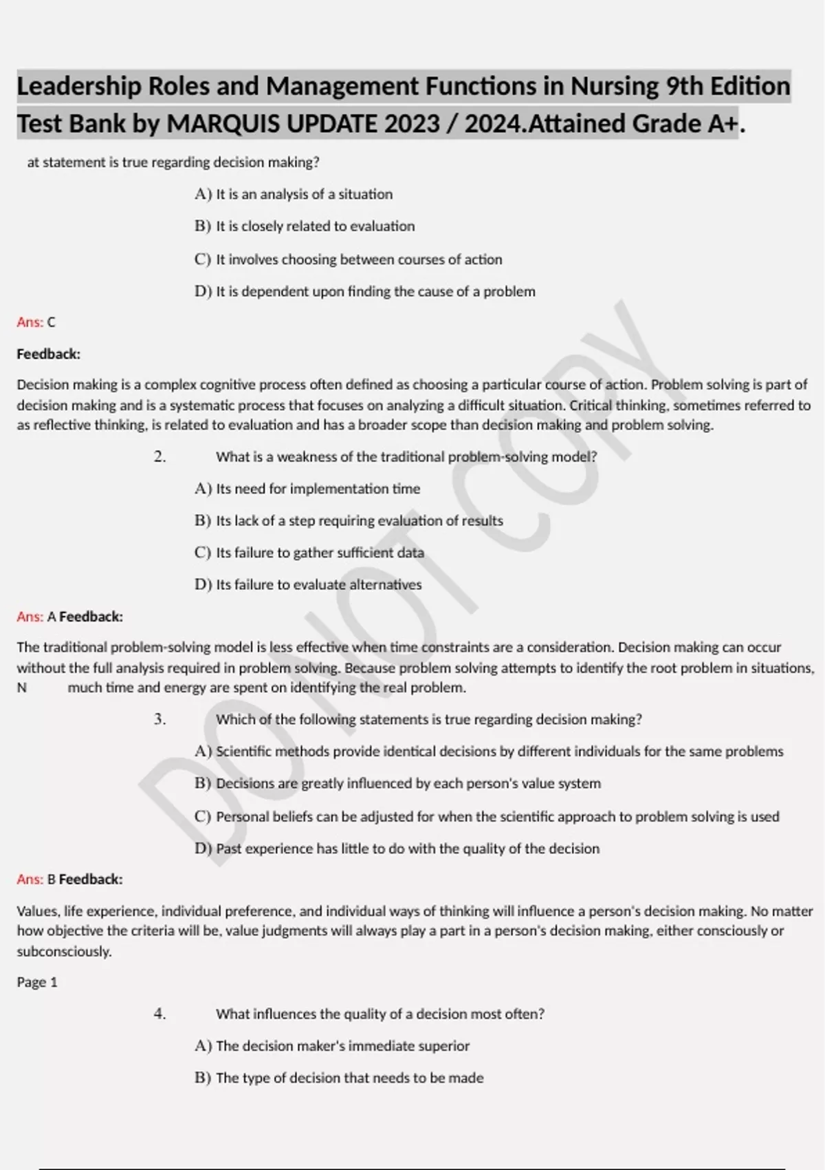 Leadership Roles And Management Functions In Nursing 9th Edition Test ...