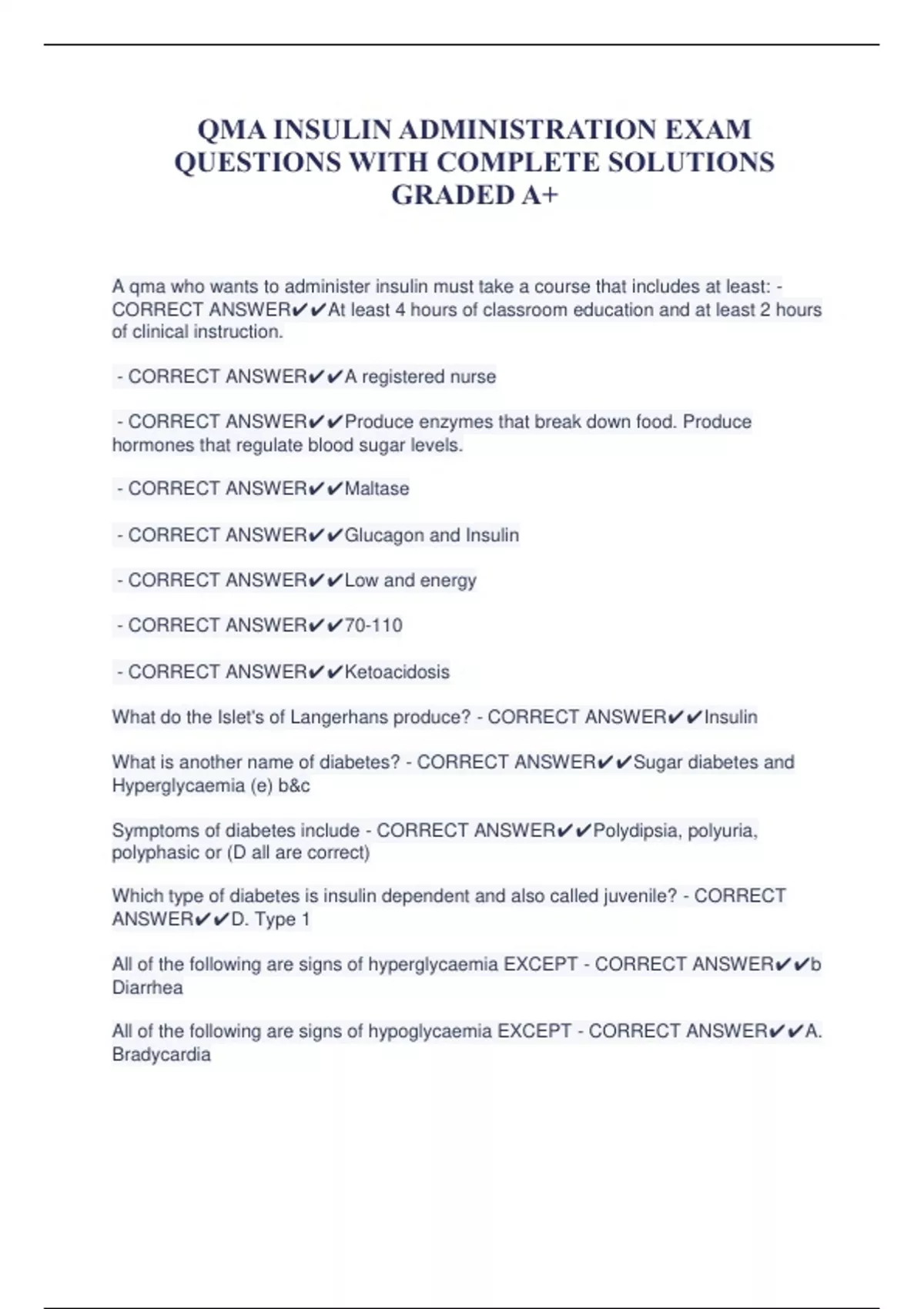 QMA INSULIN ADMINISTRATION EXAM QUESTIONS WITH COMPLETE SOLUTIONS