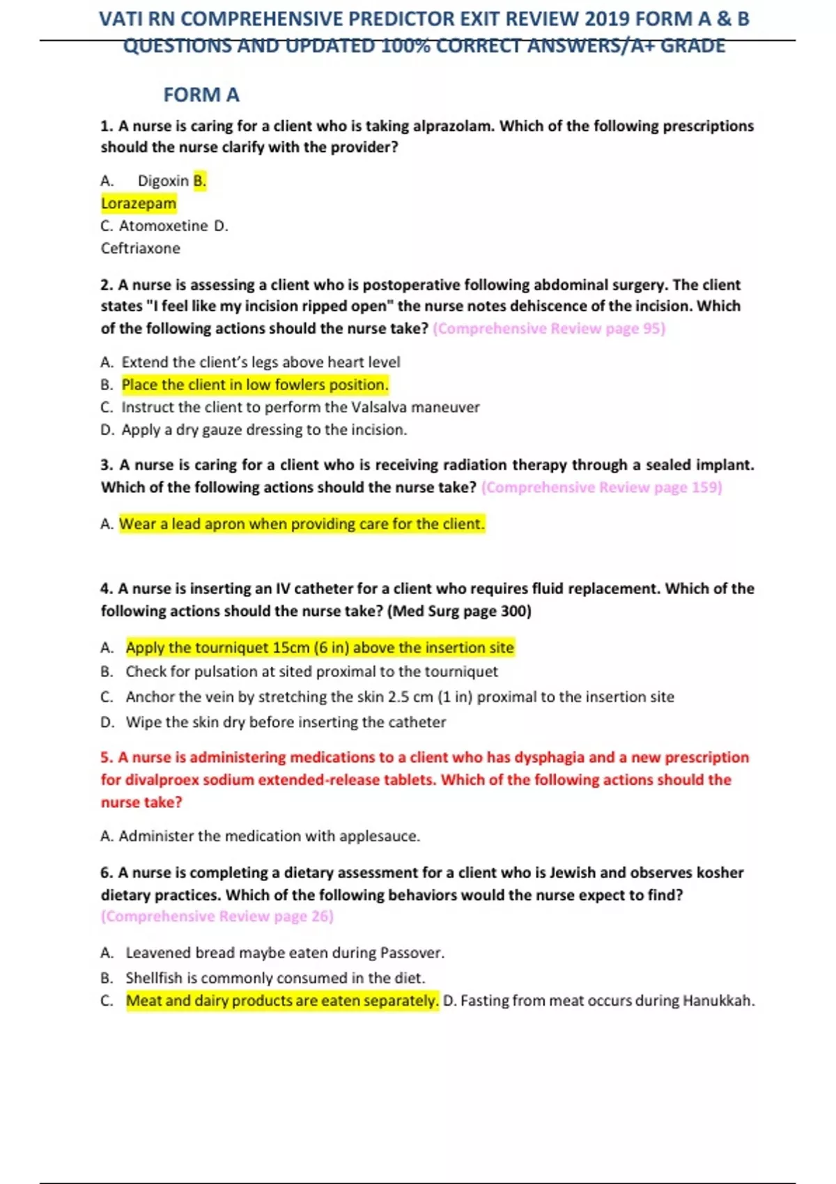 VATI RN COMPREHENSIVE PREDICTOR EXIT REVIEW 2019 FORM A & B QUESTIONS ...