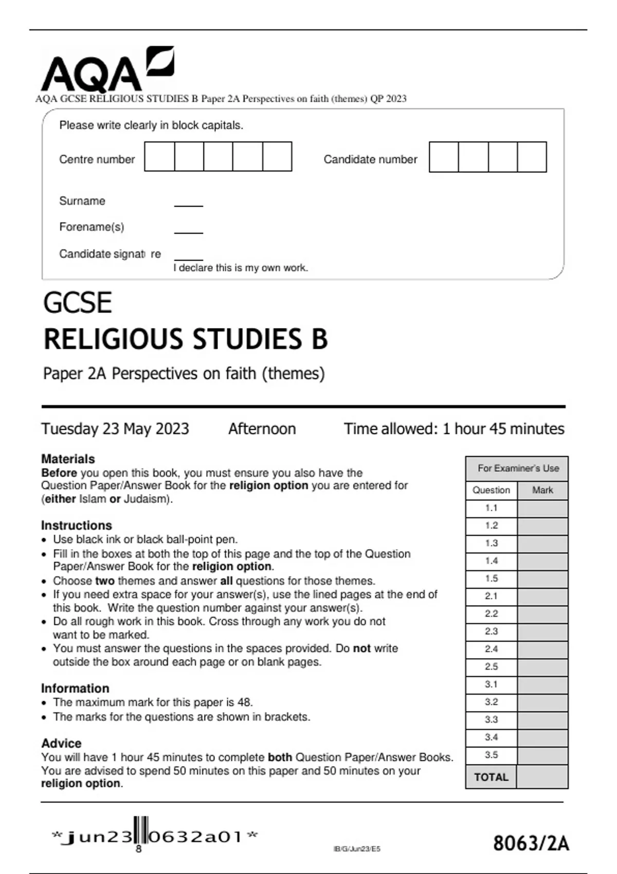 AQA GCSE RELIGIOUS STUDIES B Paper 2A Perspectives On Faith (themes) QP ...