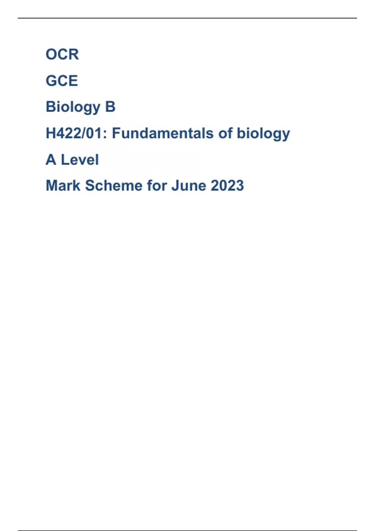 OCR GCE Biology B H422/01: Fundamentals Of Biology A Level Mark Scheme ...