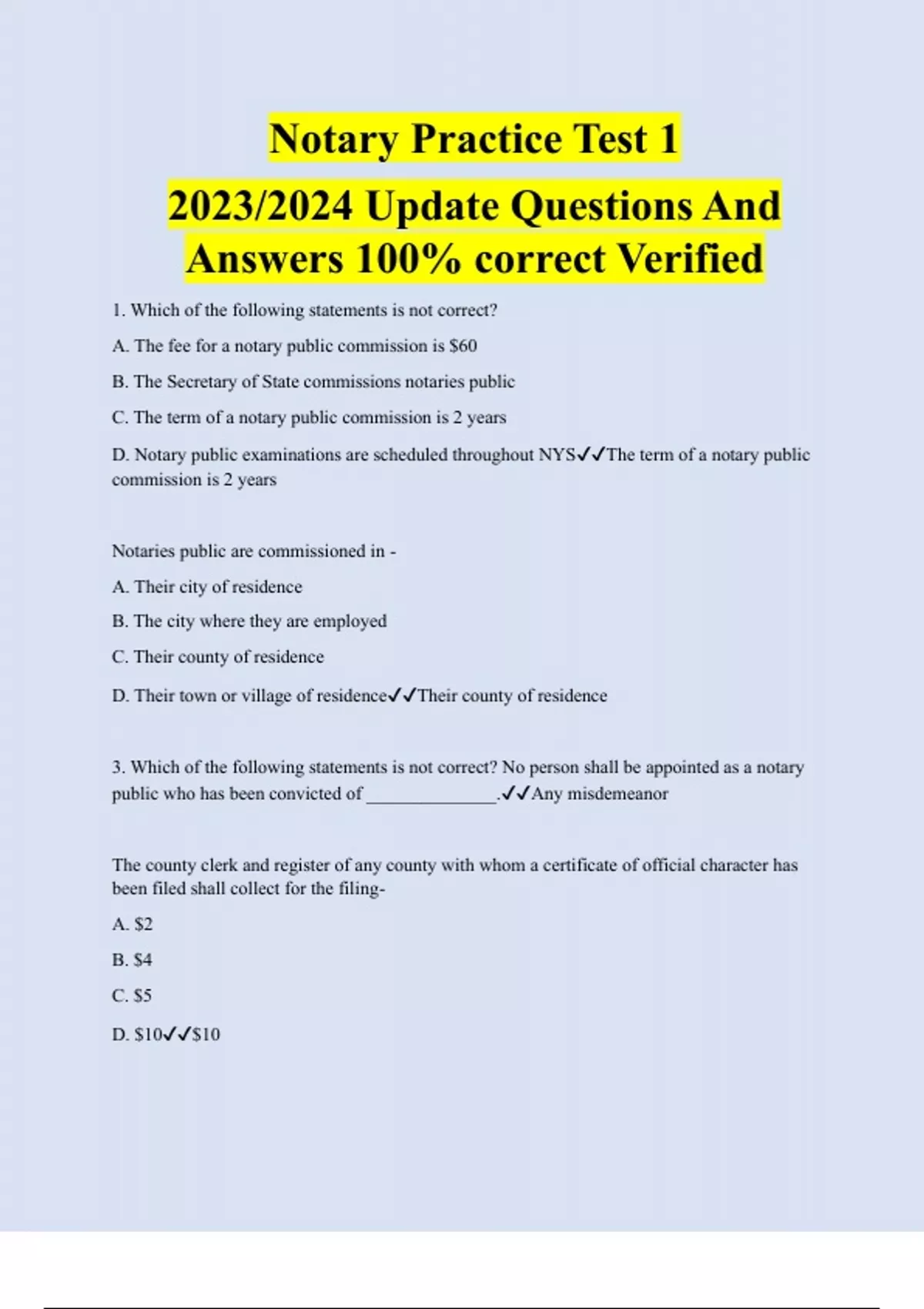 Notary Practice Test 1 20232024 Update Questions And Answers 100 Correct Verified Notary 