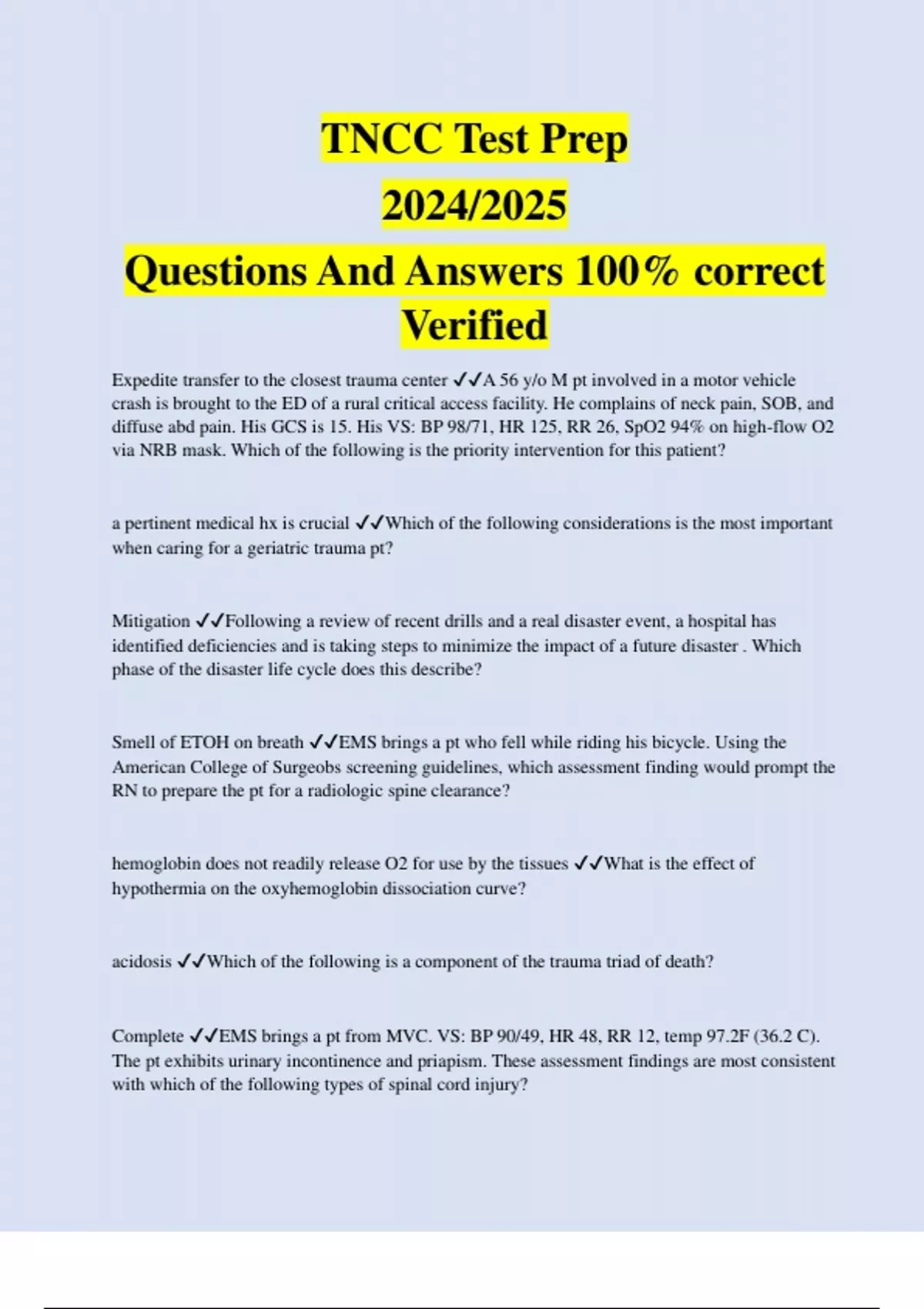 TNCC Test Prep 2024/2025 Questions And Answers 100 correct Verified