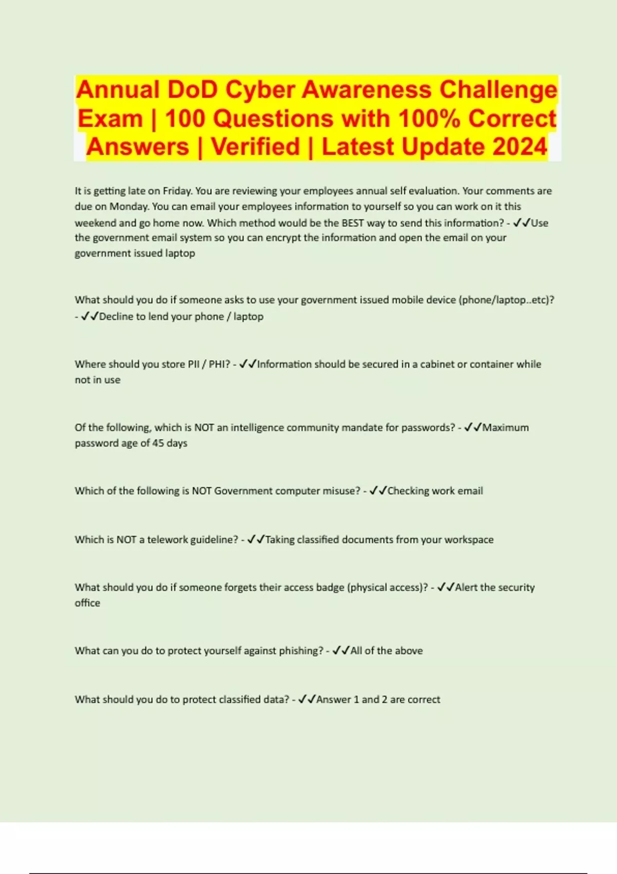 Annual DoD Cyber Awareness Challenge Exam 100 Questions with 100 Correct Answers Verified