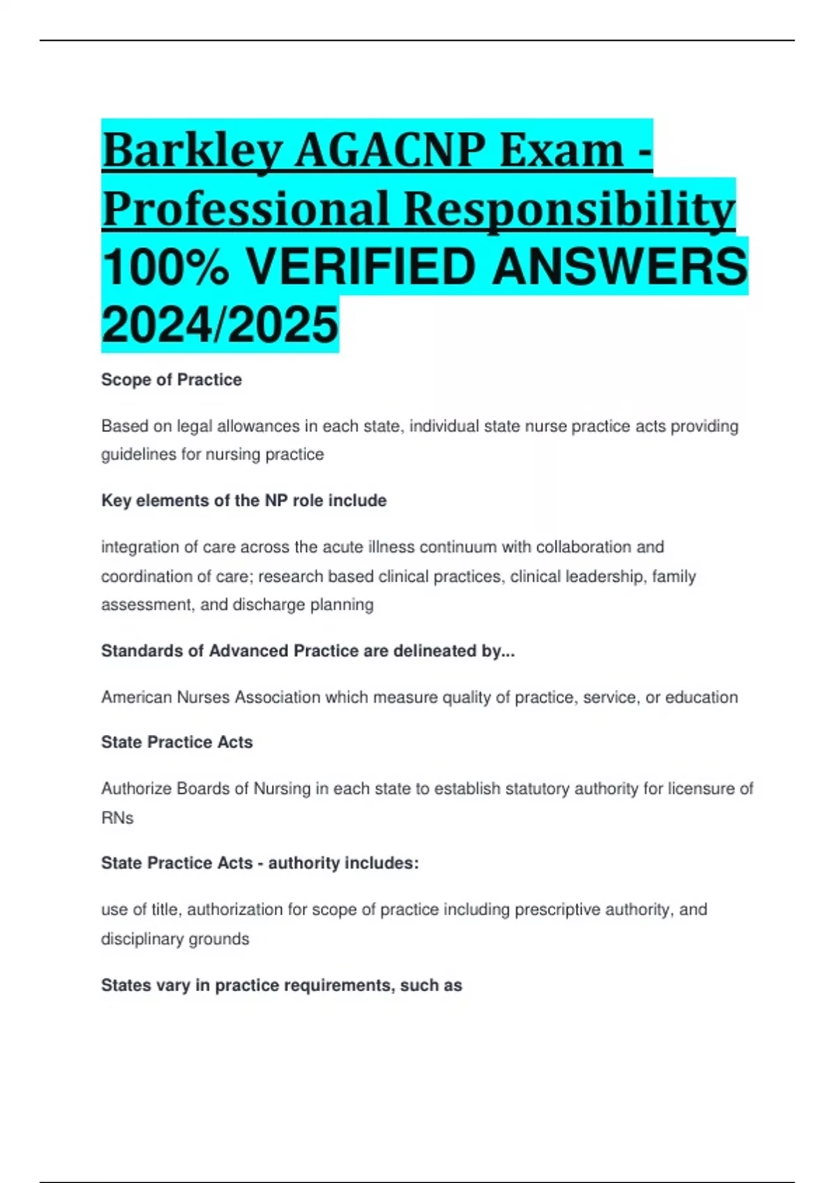 BEST REVIEW Barkley AGACNP Exam Professional Responsibility 100