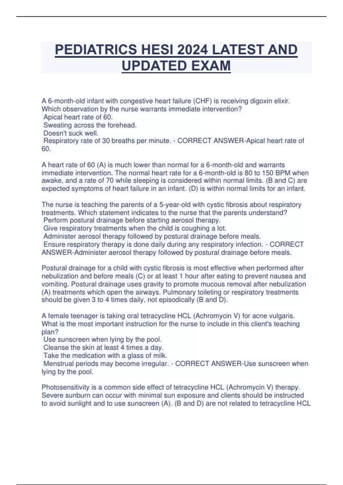 2024 HESI PEDIATRIC NURSING EXAM: COMPREHENSIVE EVALUATION OF PEDIATRIC  NURSING KNOWLEDGE AND SKILLS WITH OVER 200 QUESTIONS, EXPERT-VETTED A+  ANSWERS AND RATIONALES, PAVING THE WAY FOR SUCCESS IN PEDIATRIC NURSING /  NURSING - Knoowy