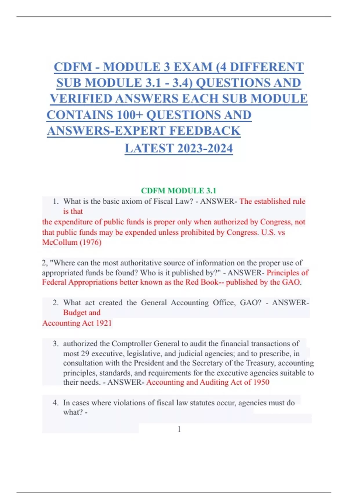 CDFM - MODULE 3 EXAM (4 DIFFERENT SUB MODULE 3.1 - 3.4) QUESTIONS AND ...