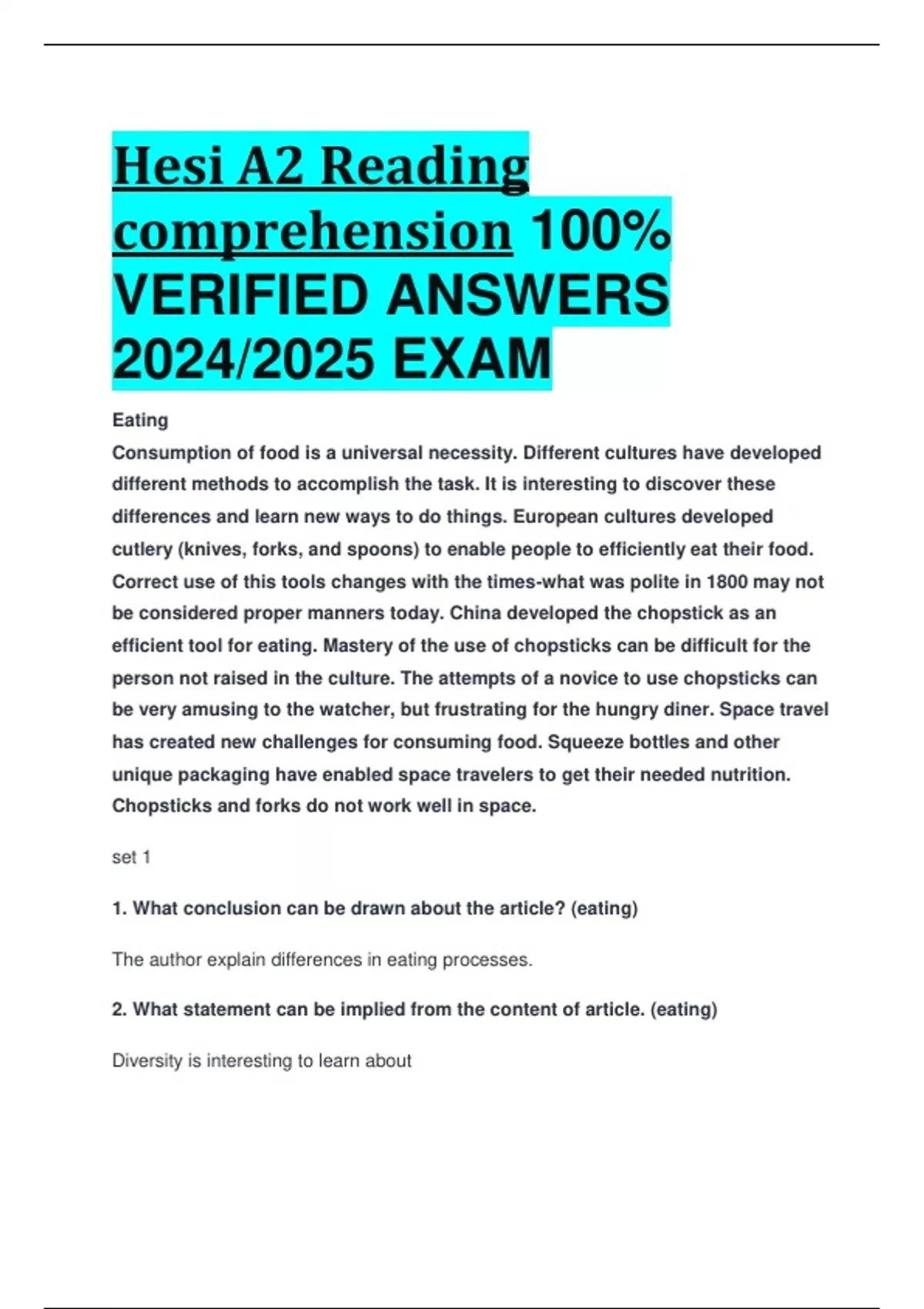 Hesi A2 Reading comprehension 100 VERIFIED ANSWERS 2024/2025 EXAM