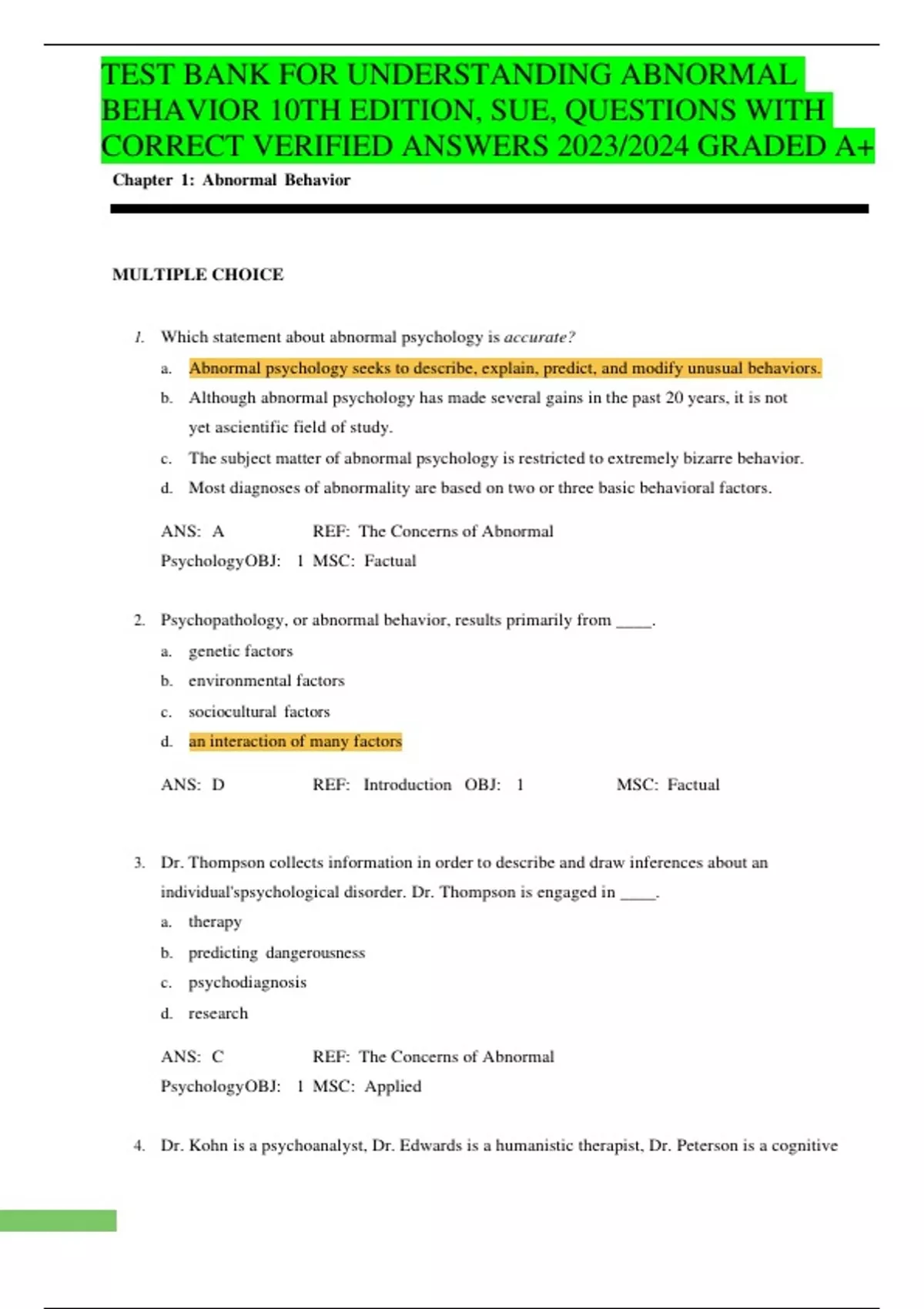 TEST BANK FOR UNDERSTANDING ABNORMAL BEHAVIOR 10TH EDITION, SUE ...