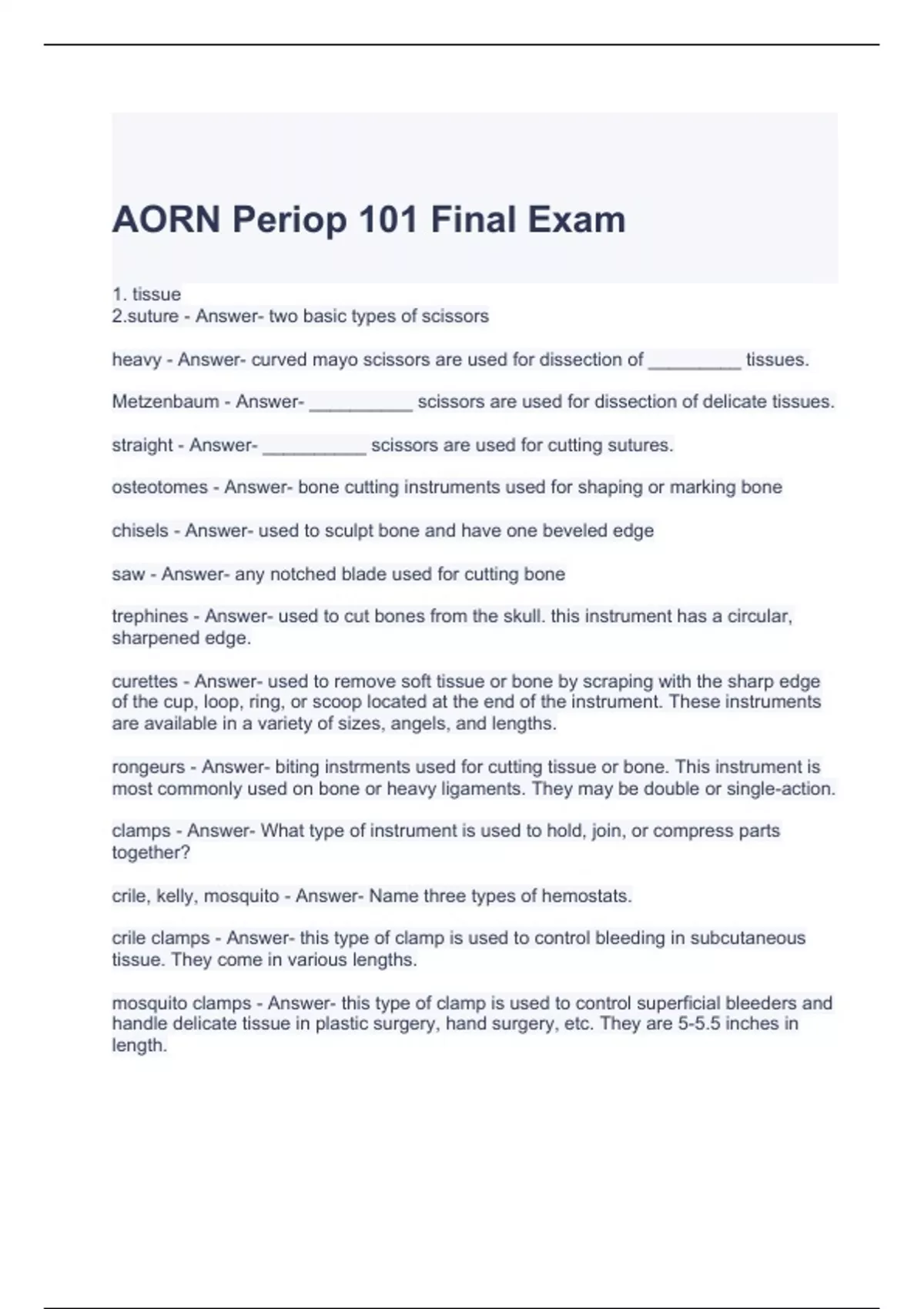 AORN Periop 101 Final Exam Questions with correct Answers AORN Periop