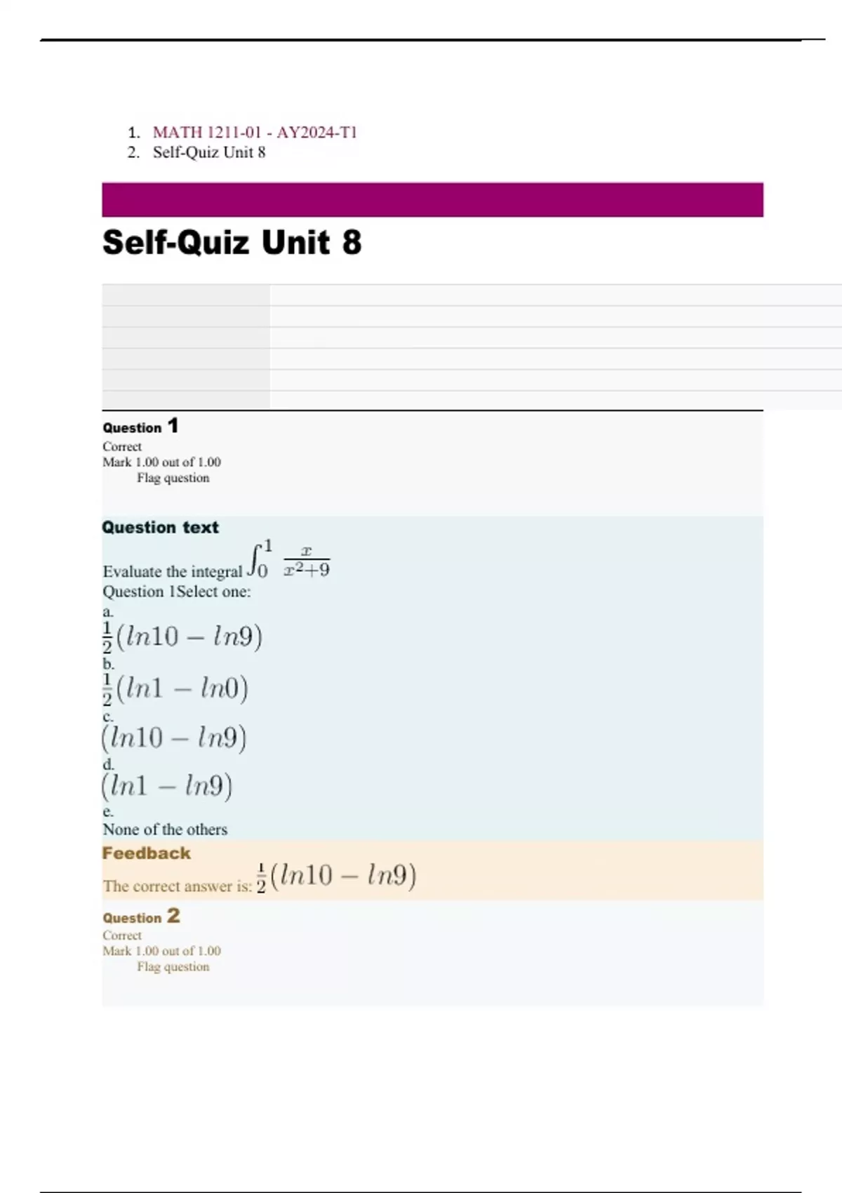 MATH 1211 Self Quiz Unit 8 (University Of The People) - MATH 1211 ...