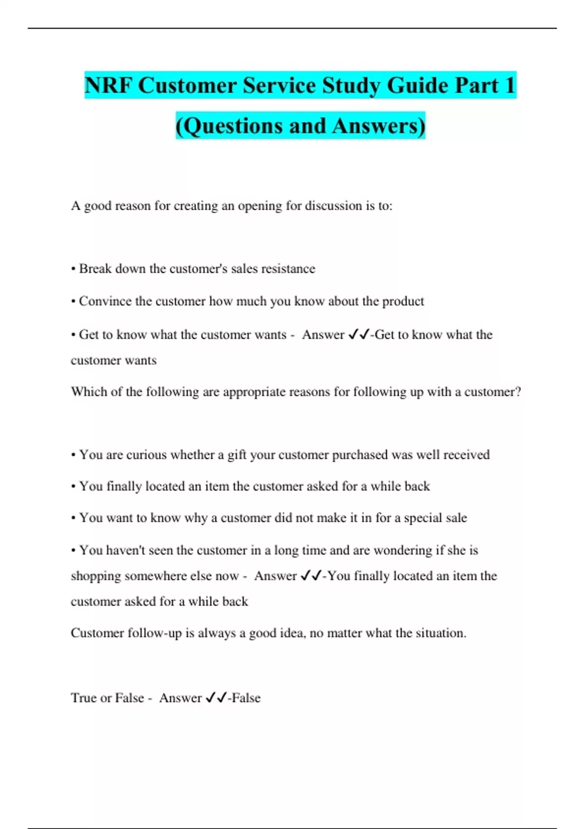 NRF Customer Service Study Guide Part 1 (Questions and Answers) NRF