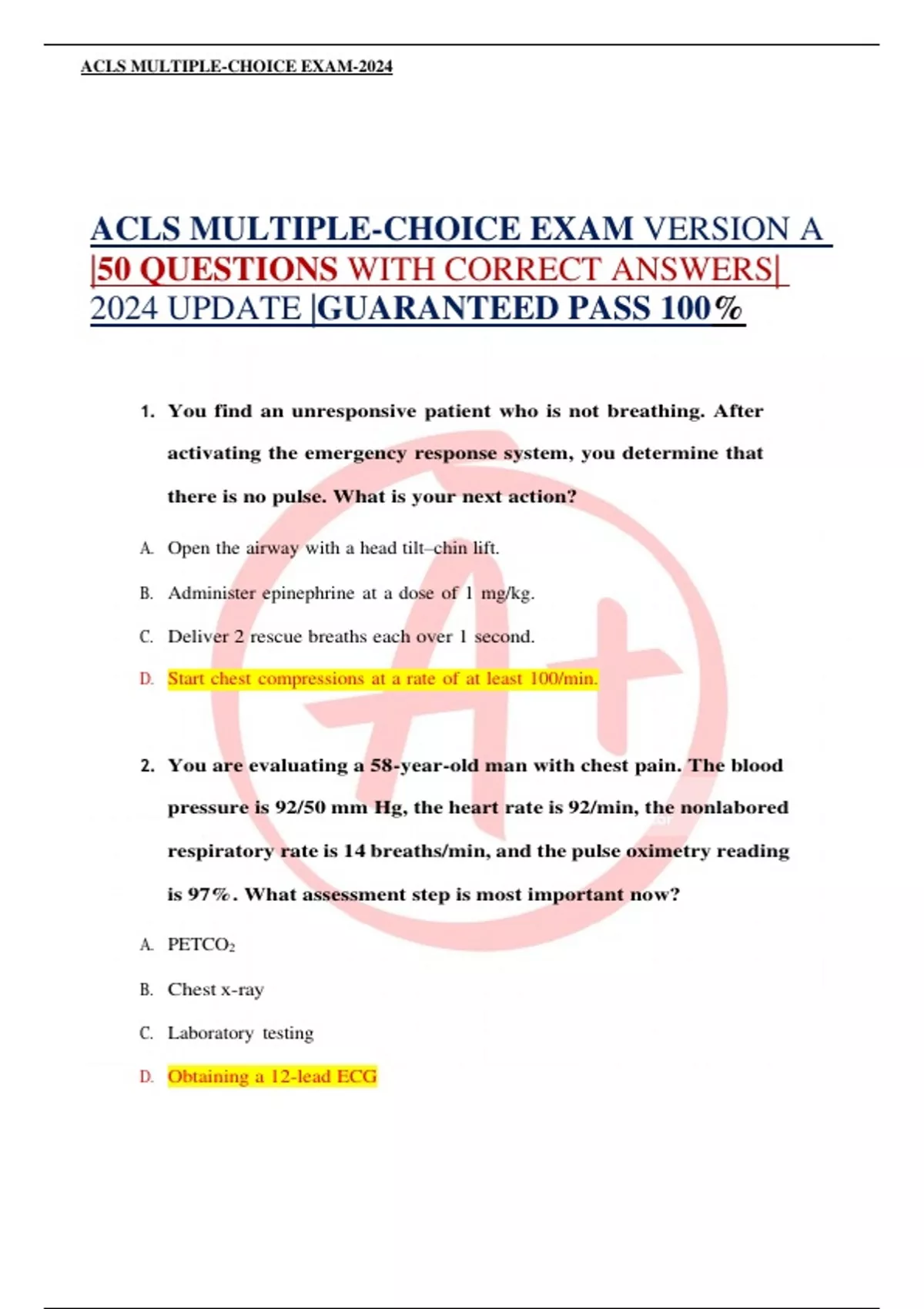 ACLS MULTIPLE-CHOICE EXAM VERSION A |50 QUESTIONS WITH CORRECT ANSWERS ...