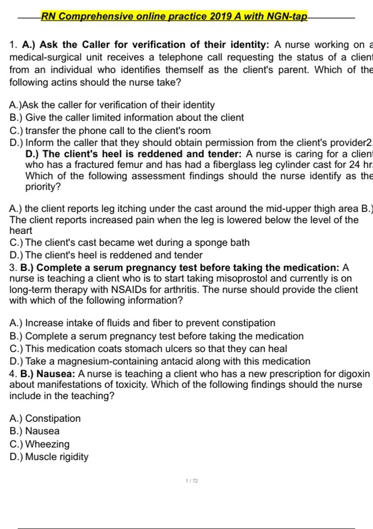 RN Comprehensive online practice 2019 A with NGNtap 2024/2025 already