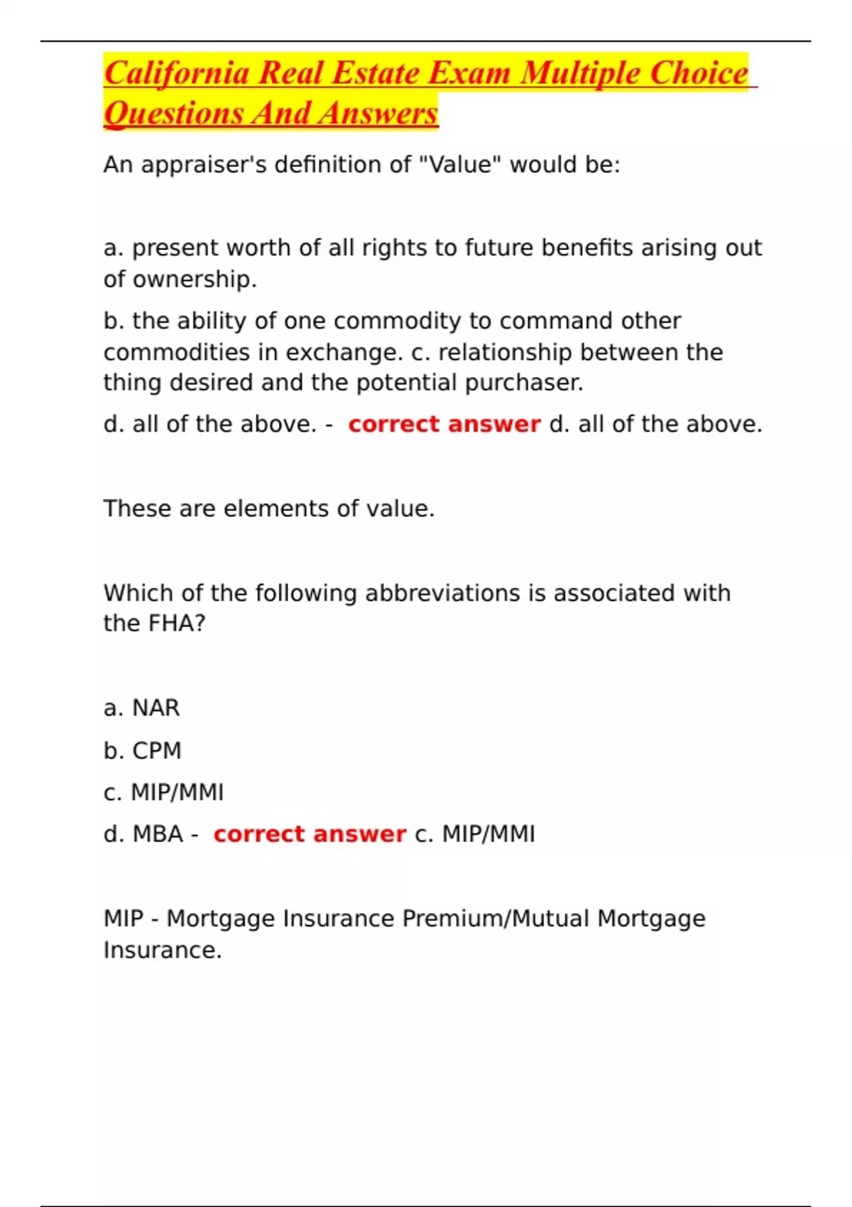 California Real Estate Exam Multiple Choice Questions And Answers ...