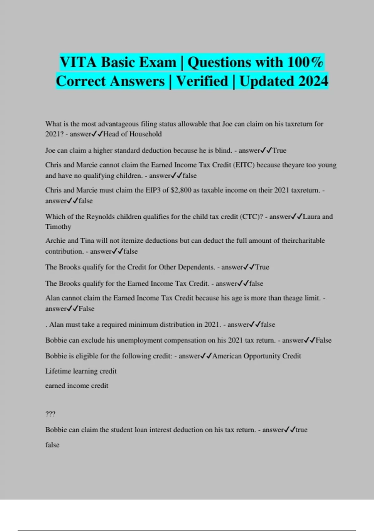 VITA Basic Exam Questions with 100 Correct Answers Verified