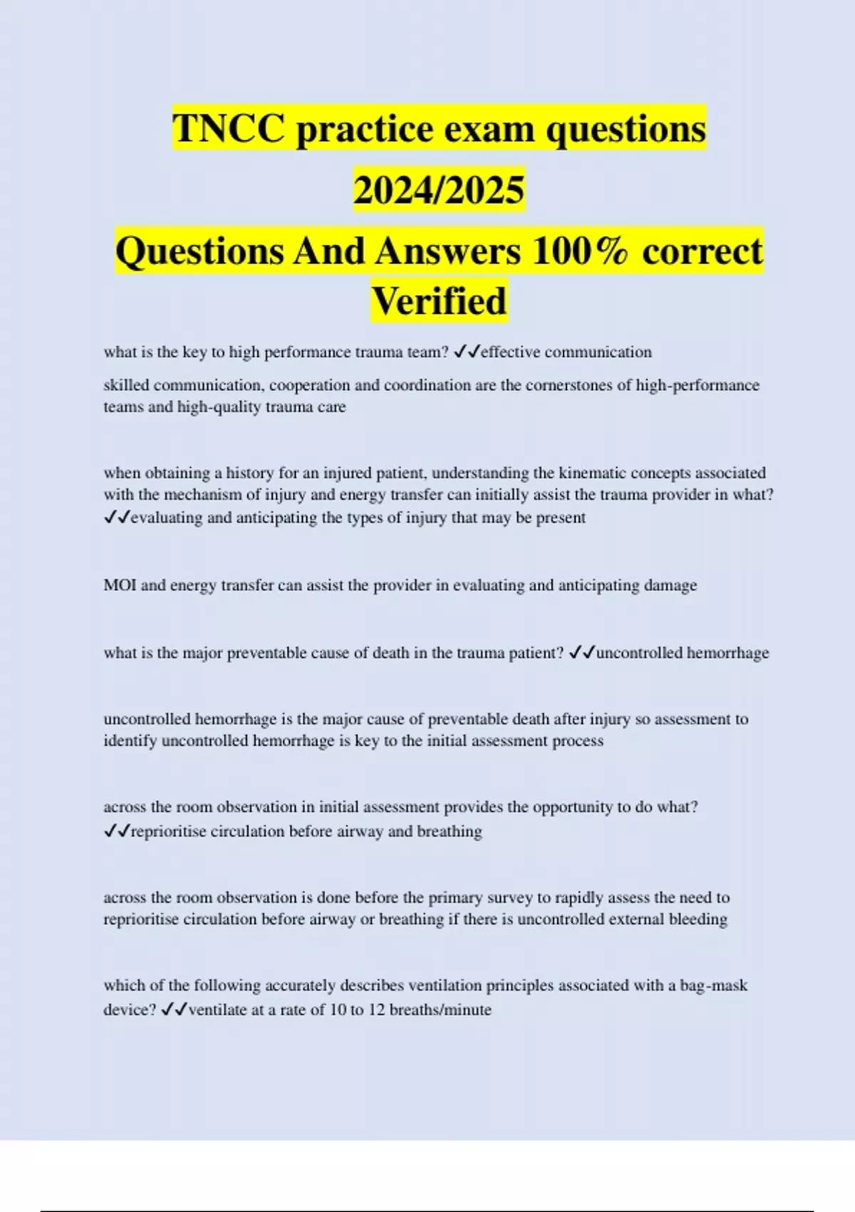 TNCC practice exam questions 2024/2025 Questions And Answers 100