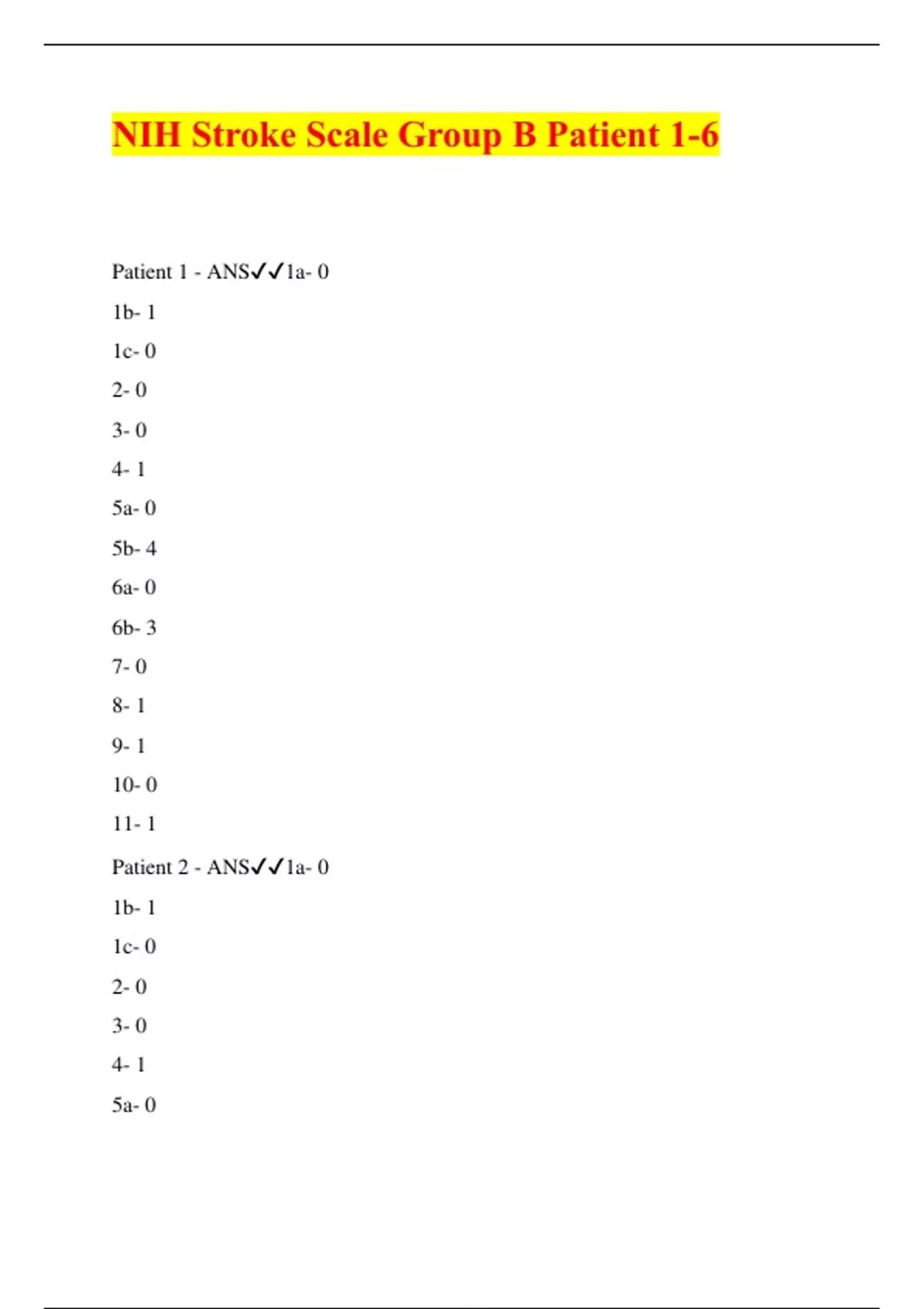 NIH Stroke Scale Group B Patient 1-6 - NIH Stroke Scale - Stuvia US