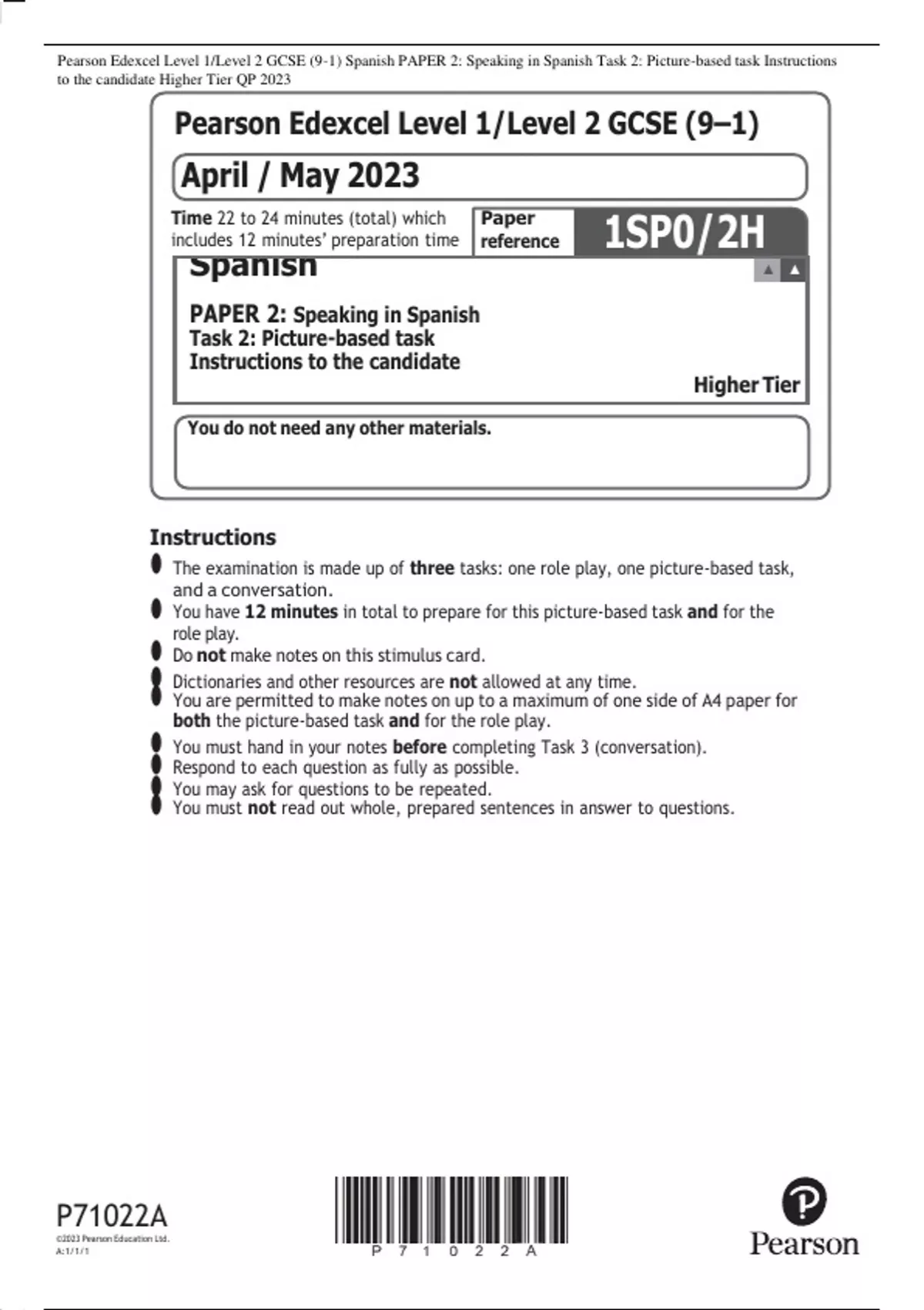 Pearson Edexcel Level 1level 2 Gcse 91 Spanish Paper 2 Speaking In Spanish Task 2 Picture 3305