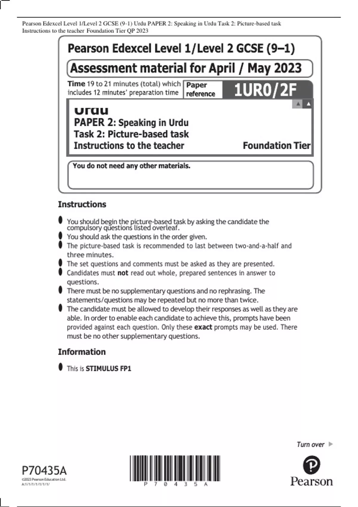 Pearson Edexcel Level 1/Level 2 GCSE (9–1) Urdu PAPER 2: Speaking In ...