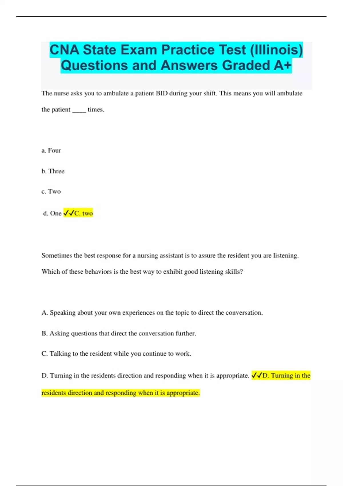 CNA State Exam Practice Test (Illinois) Questions and Answers Graded A+