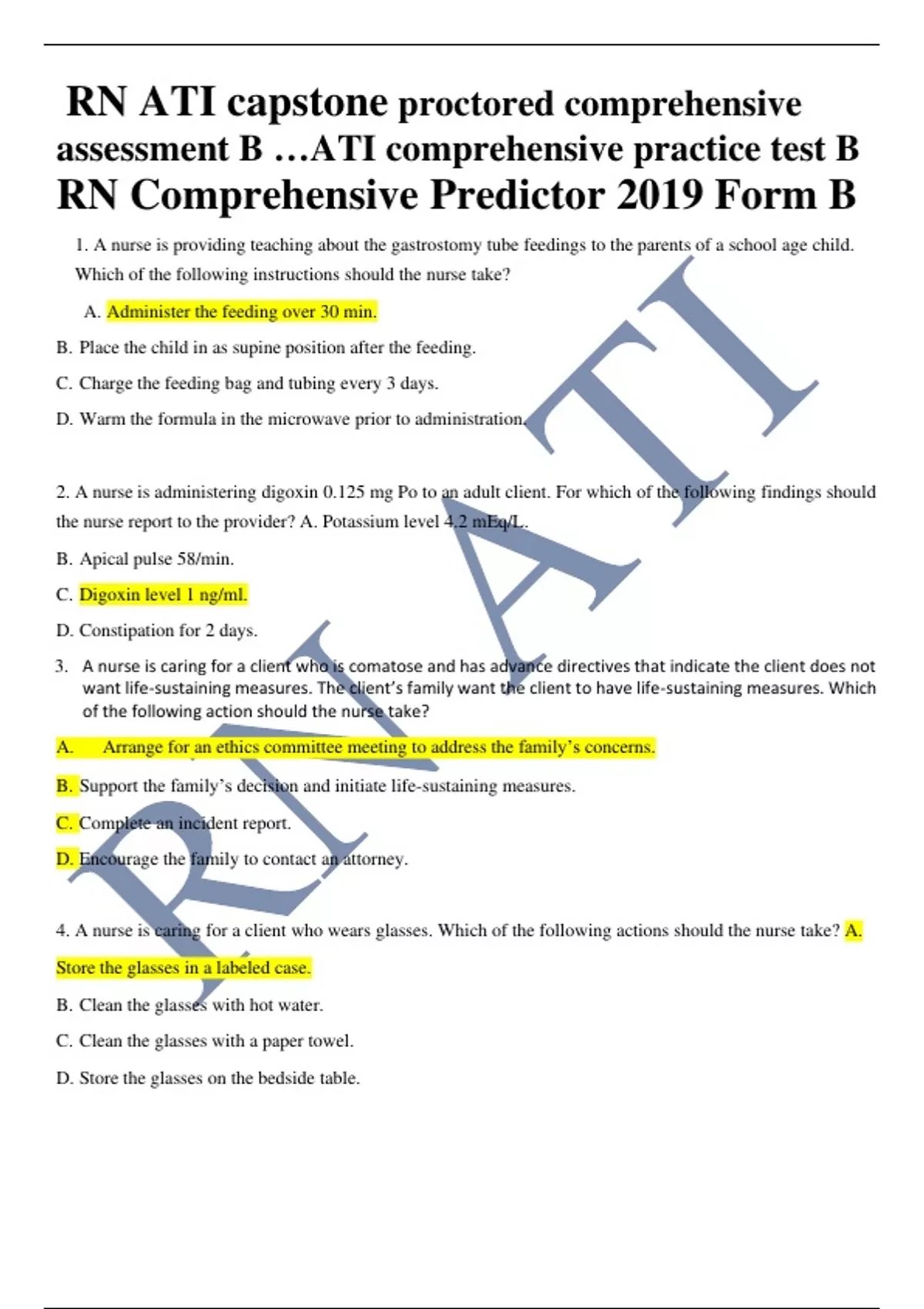 RN ATI Capstone Proctored Comprehensive Assessment B …ATI Comprehensive ...