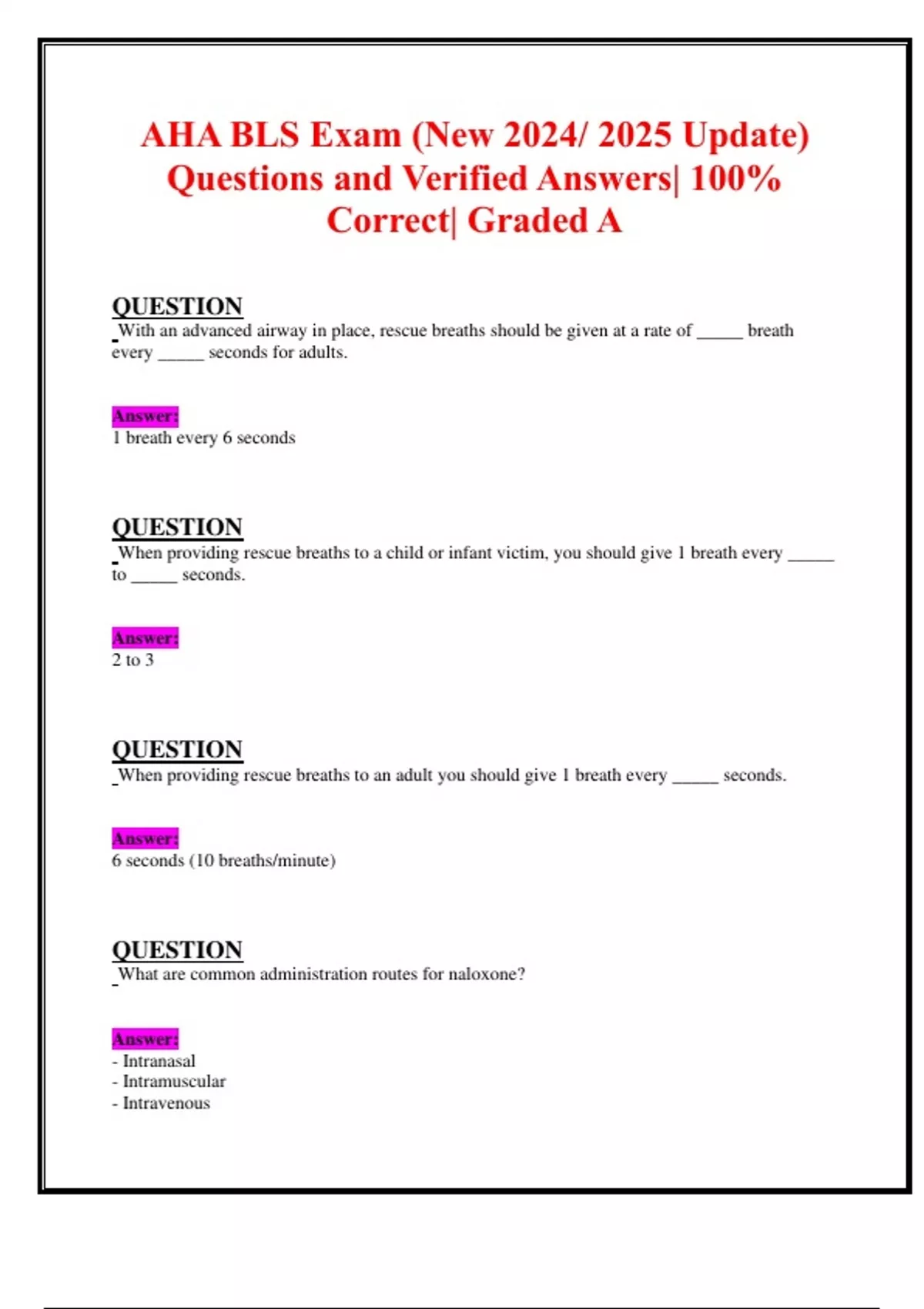 AHA BLS Exam (New 2024/ 2025 Update) Questions and Verified Answers