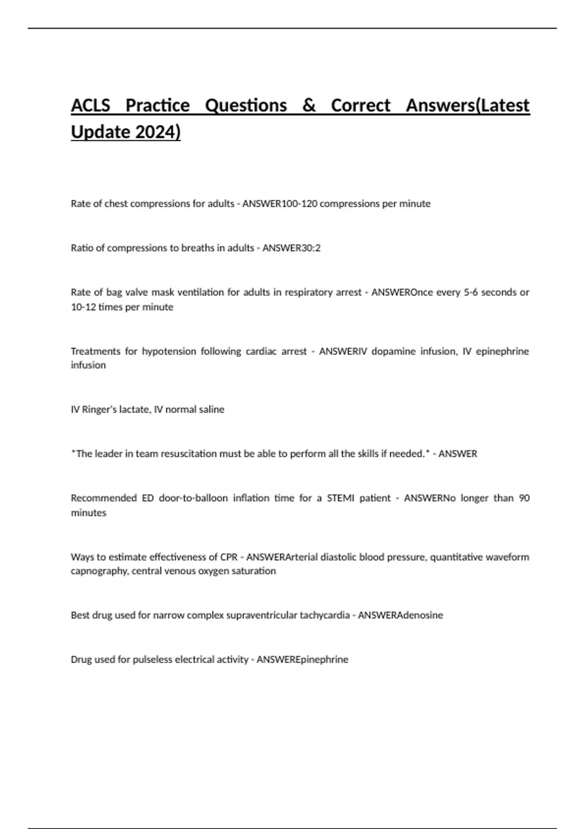 ACLS Practice Questions & Correct Answers(Latest Update 2024) ACLS