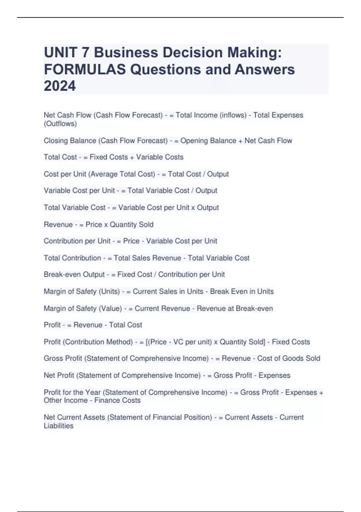 UNIT 7 Business Decision Making: FORMULAS Questions And Answers 2024 ...