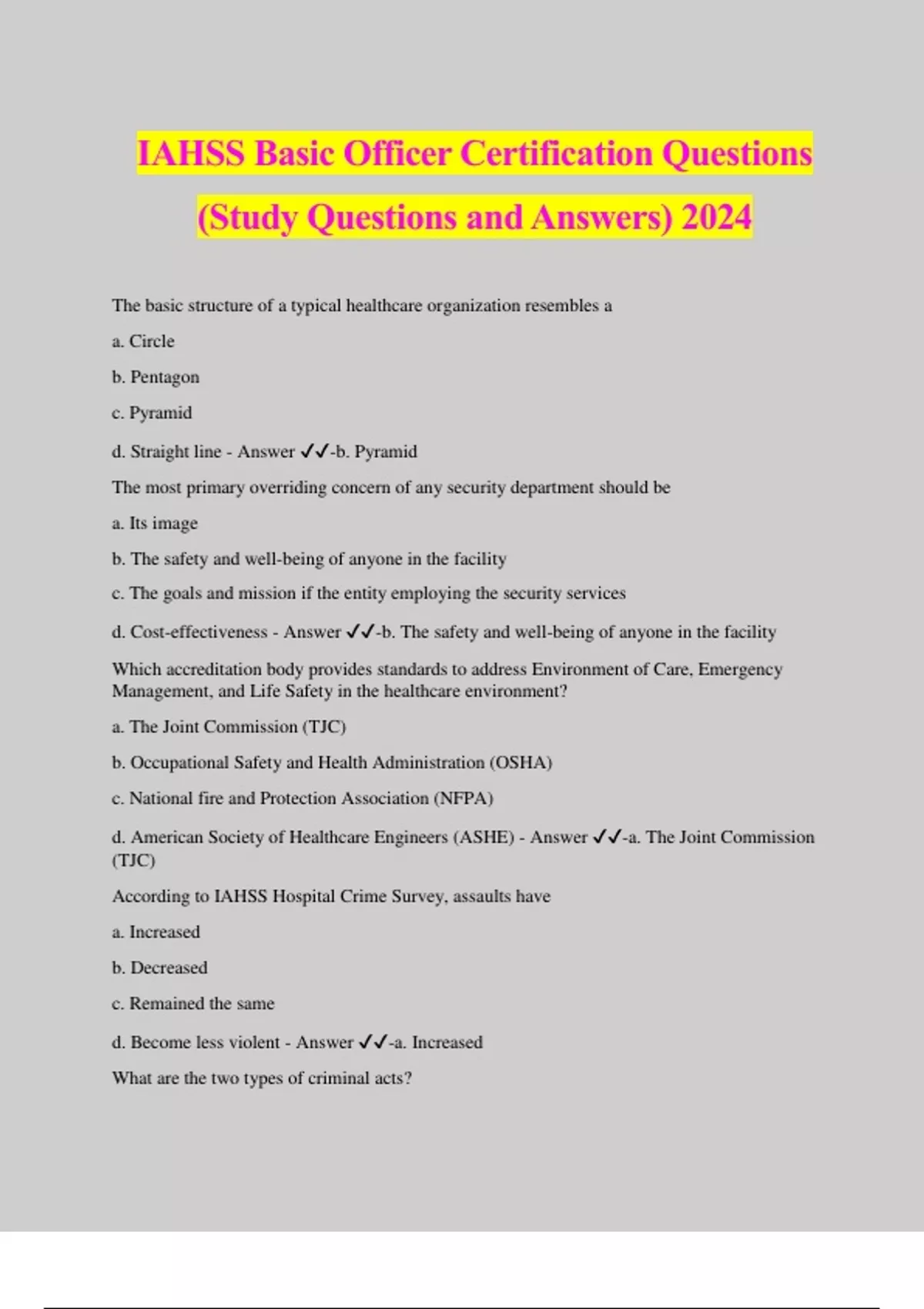 IAHSS Basic Officer Certification Questions (Study Questions and