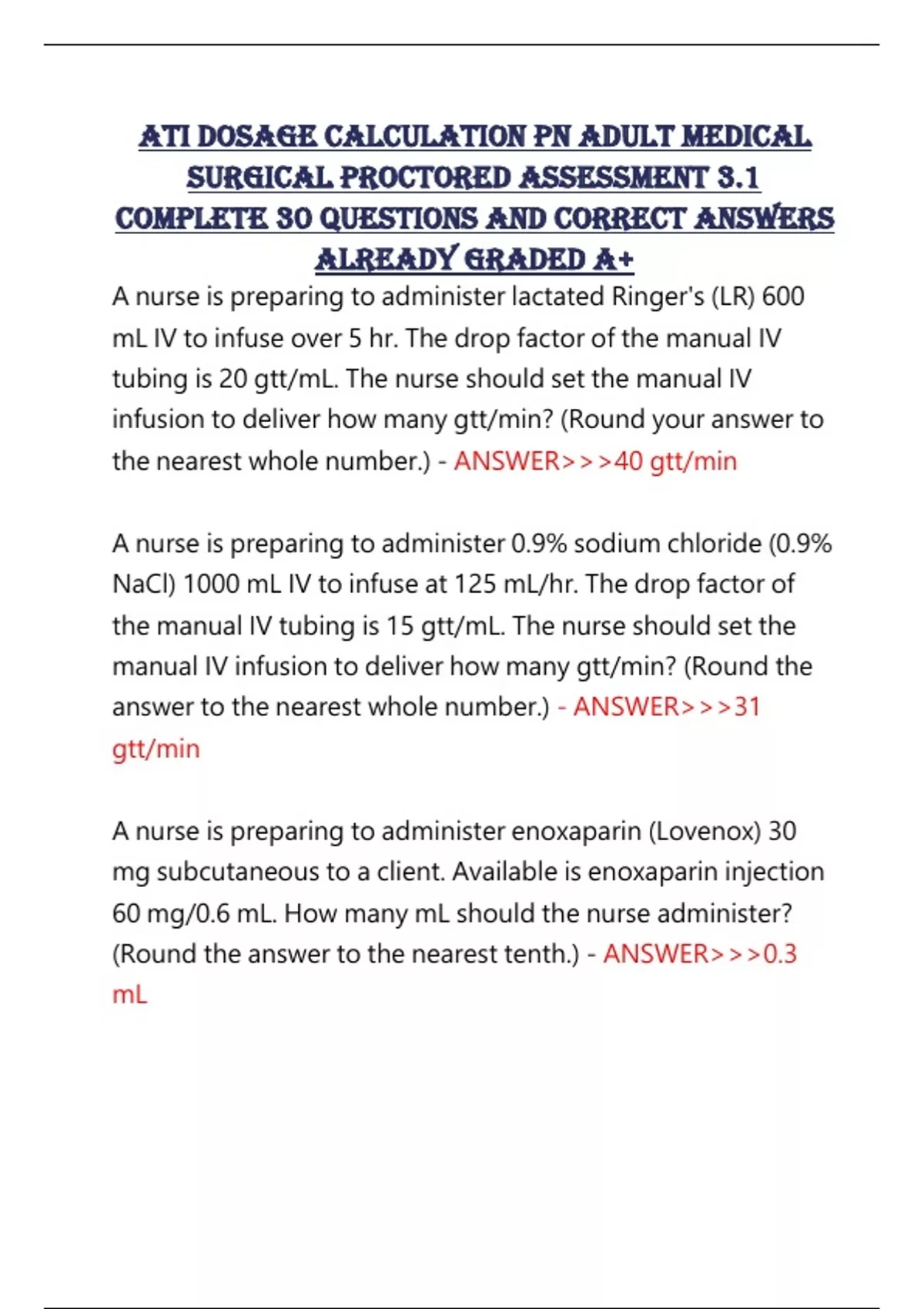 Ati Dosage Calculation Pn Adult Medical Surgical Proctored Assessment 3 1 Complete 30 Questions