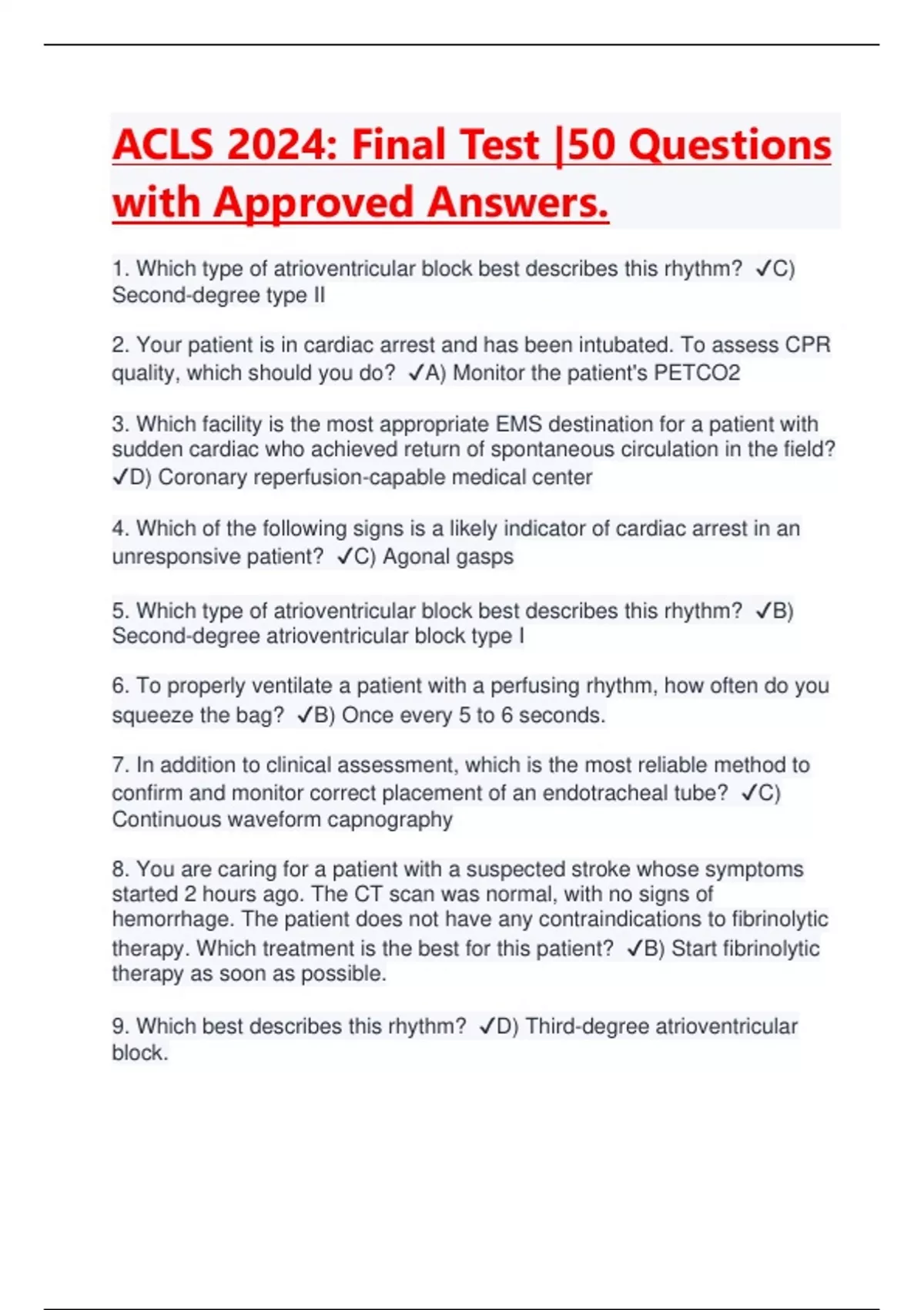 ACLS 2024 Final Test 50 Questions with Approved Answers Latest 2024