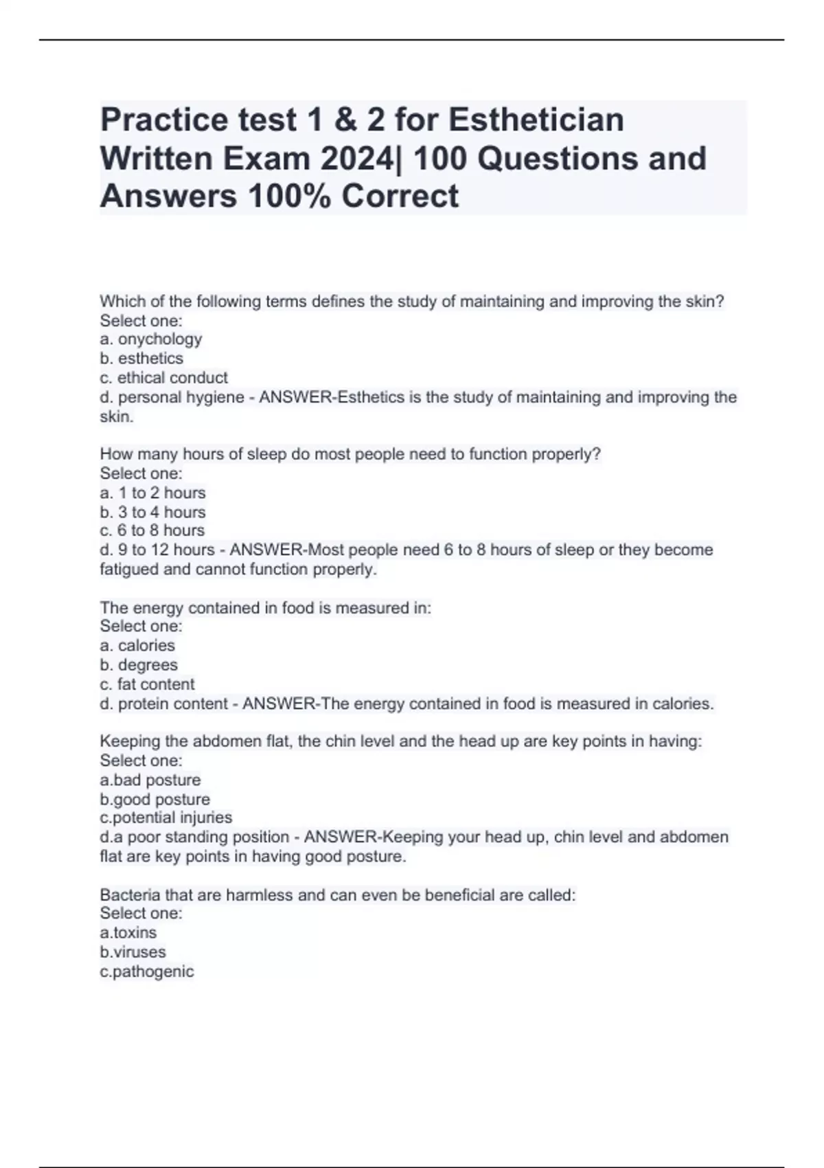 Practice test 1 & 2 for Esthetician Written Exam 2024 100 Questions and Answers 100 Correct