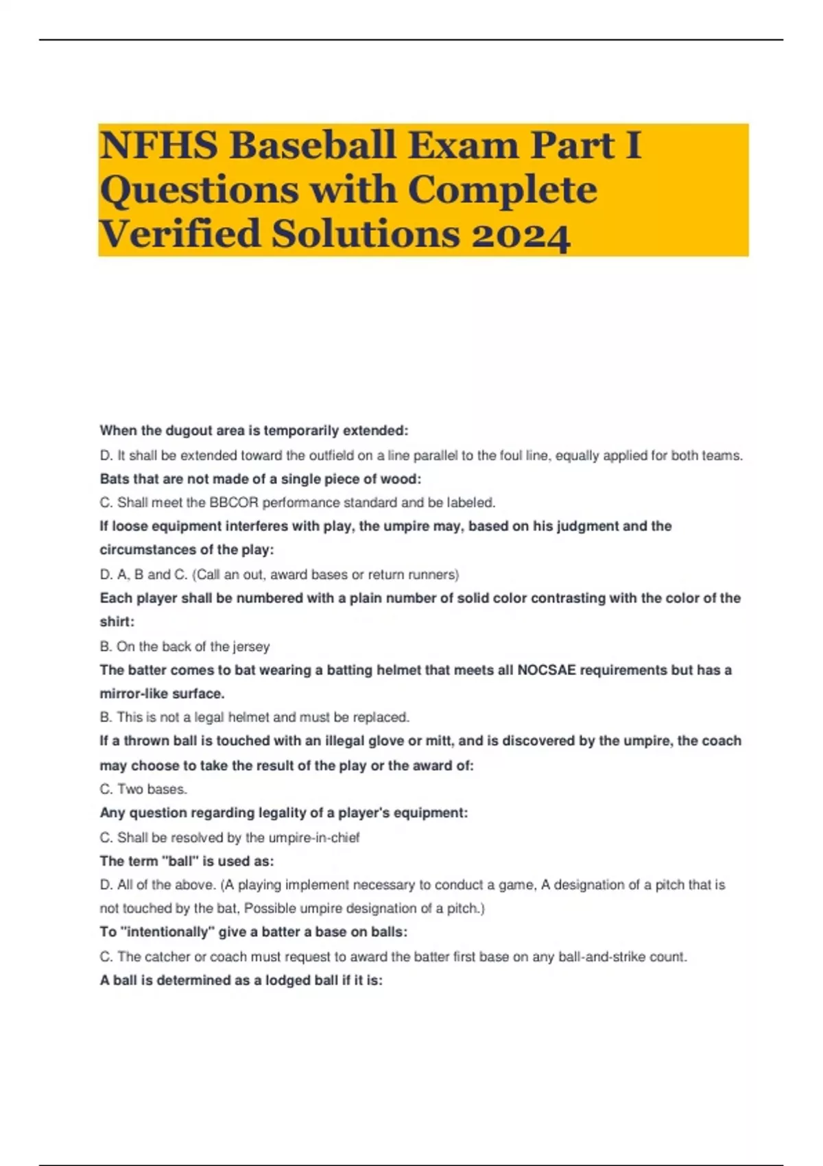 NFHS Baseball Exam Part I Questions With Complete Verified Solutions ...