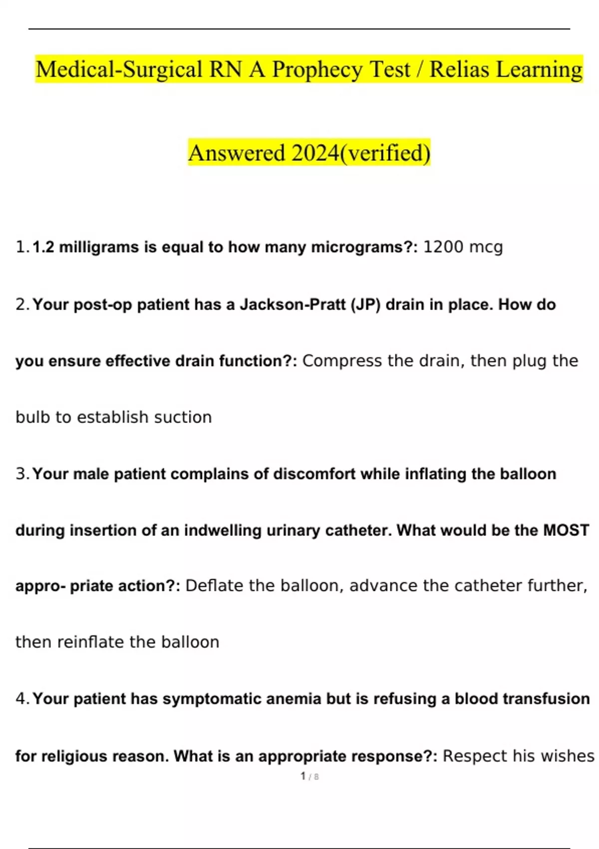 MedicalSurgical RN A Prophecy Relias 2024 Latest Questions and Answers