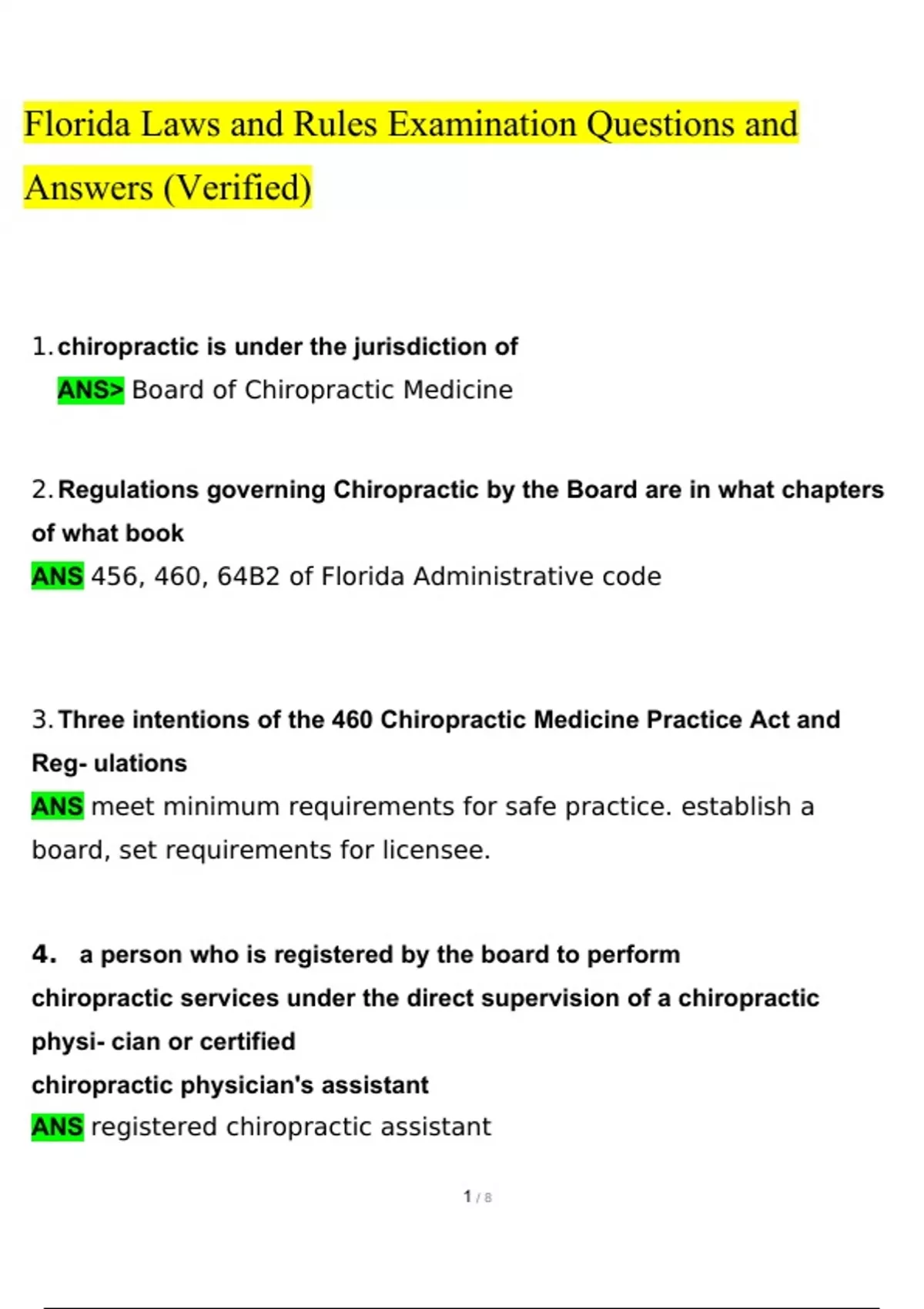 Florida Laws and Rules Examination Questions and Answers (2024 / 2025