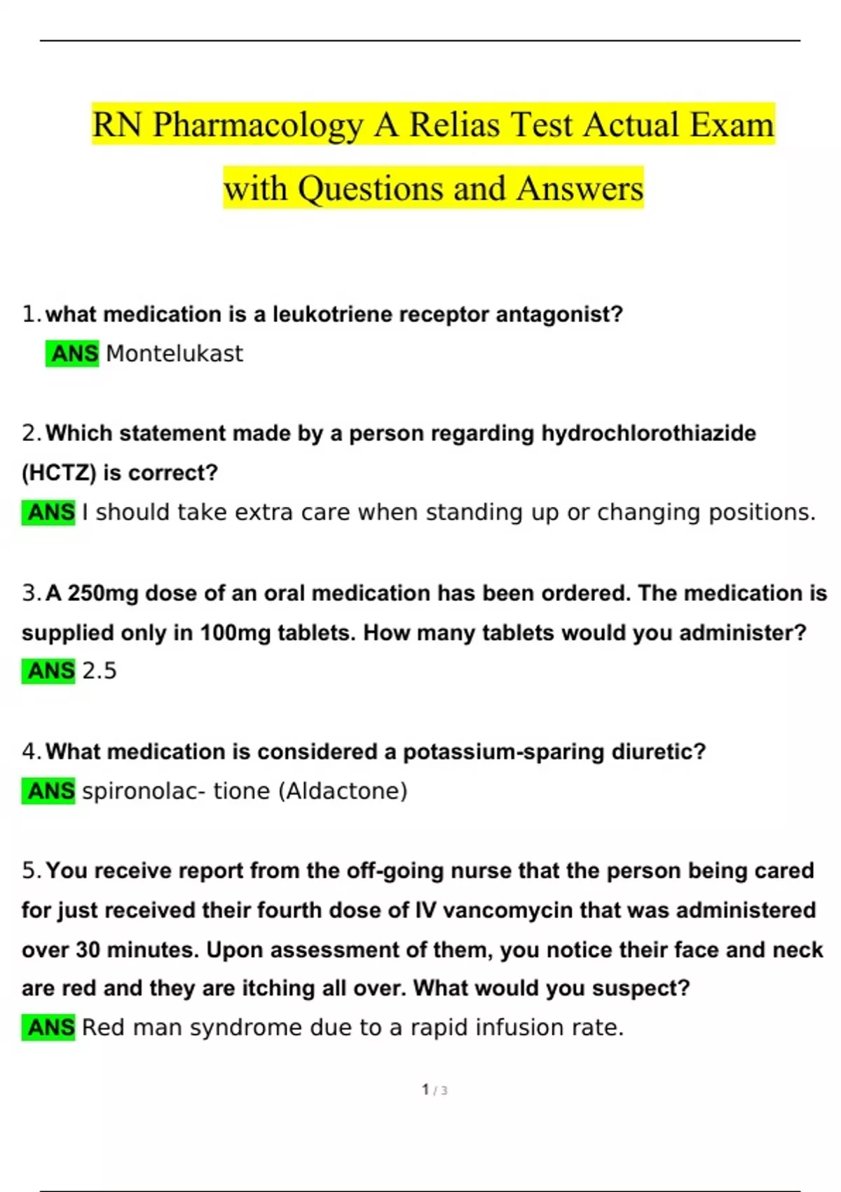 RN Pharmacology A Relias Test Actual Exam Questions and Answers (2024 / ...